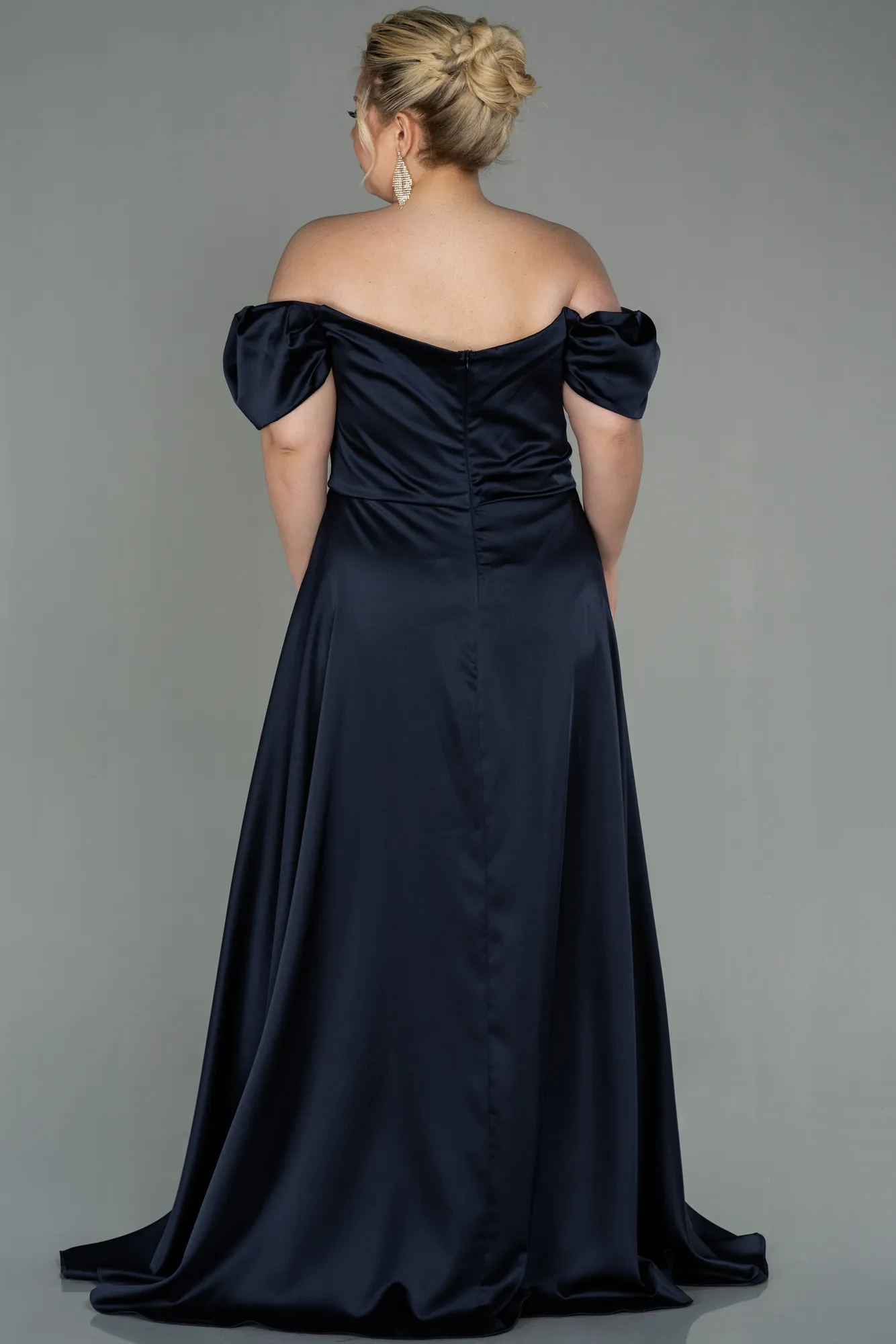 Dark Navy Blue-Long Satin Plus Size Evening Dress ABU2923