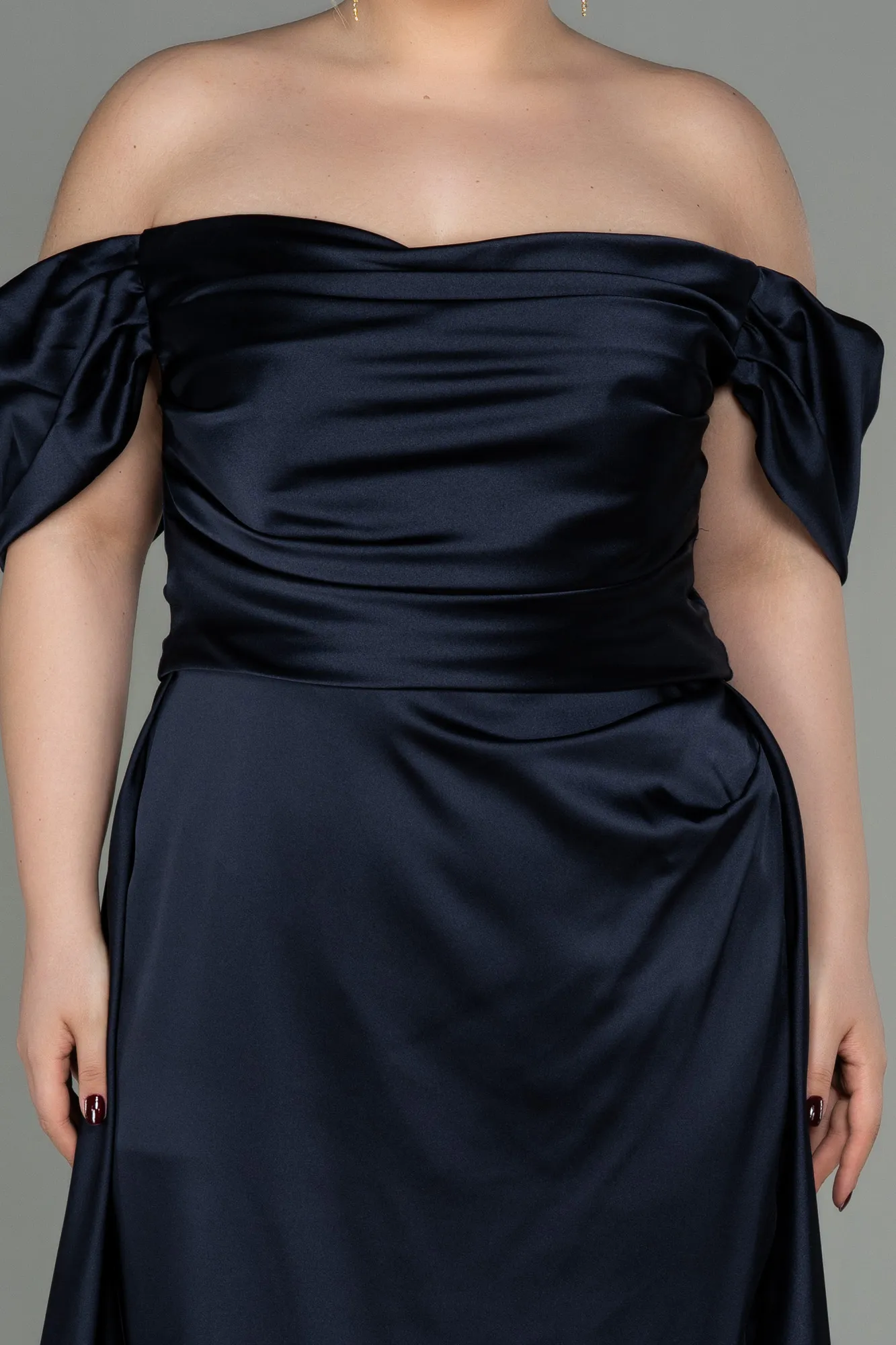 Dark Navy Blue-Long Satin Plus Size Evening Dress ABU2923