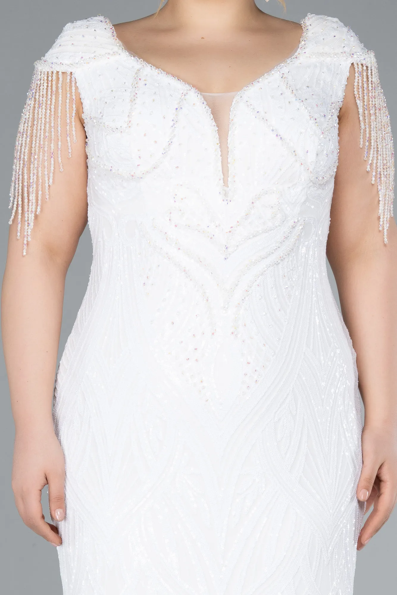 Ecru-Beaded Detailed V Neck Evening Gown ABU3730