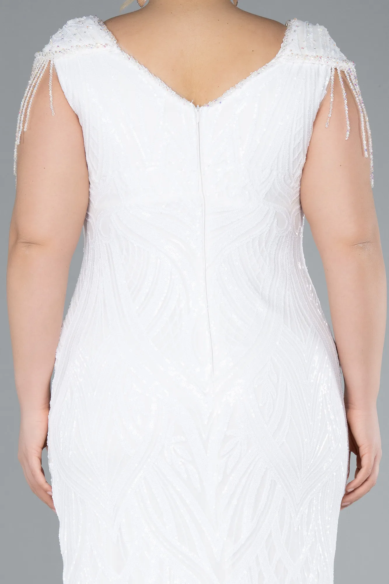 Ecru-Beaded Detailed V Neck Evening Gown ABU3730