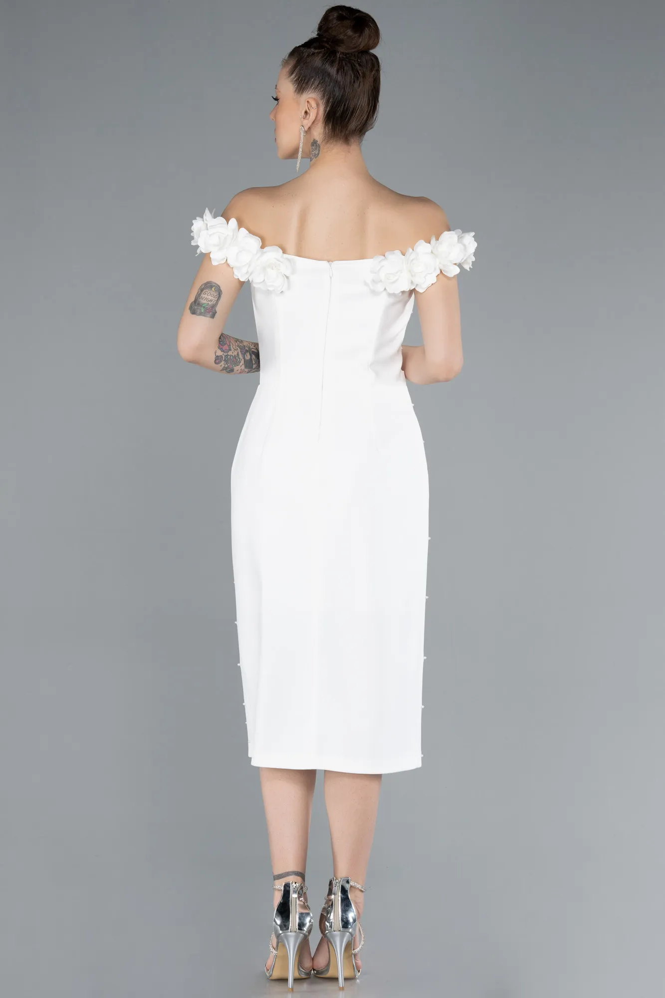 Ecru-Boat Neck Beaded Midi Cocktail Dress ABK2248