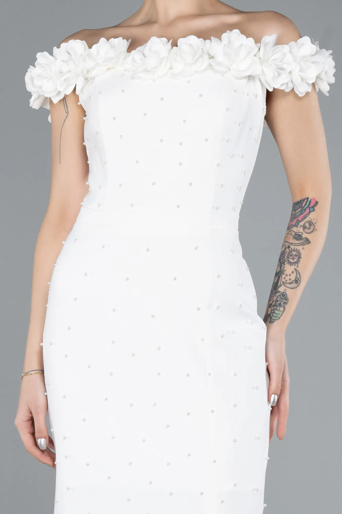 Ecru-Boat Neck Beaded Midi Cocktail Dress ABK2248