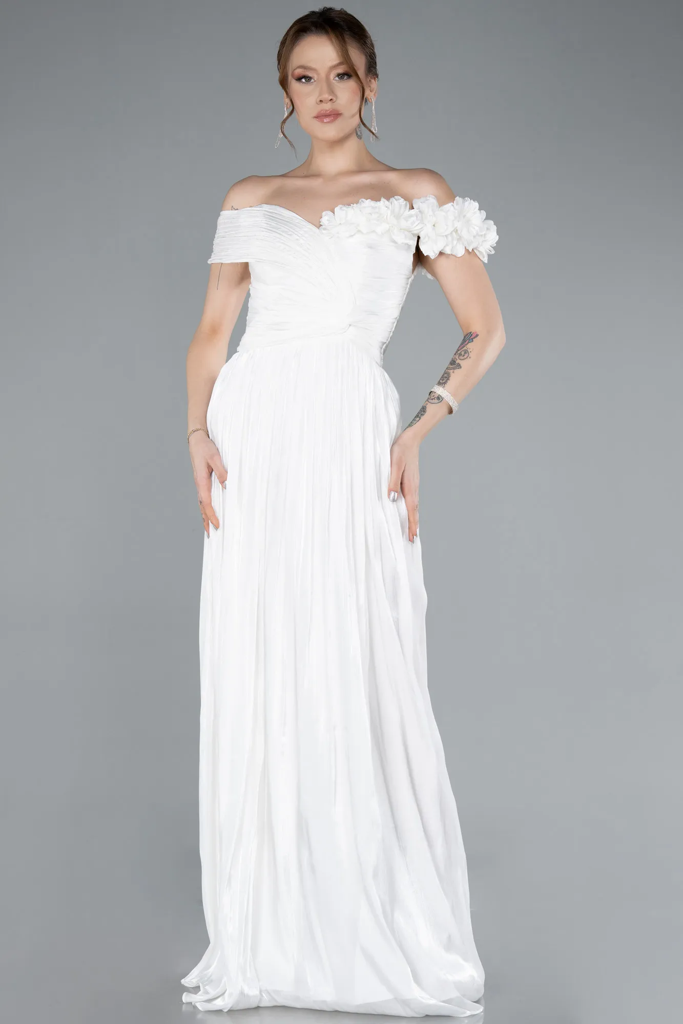 Ecru-Boat Neck Long Chiffon Evening Dress ABU4807