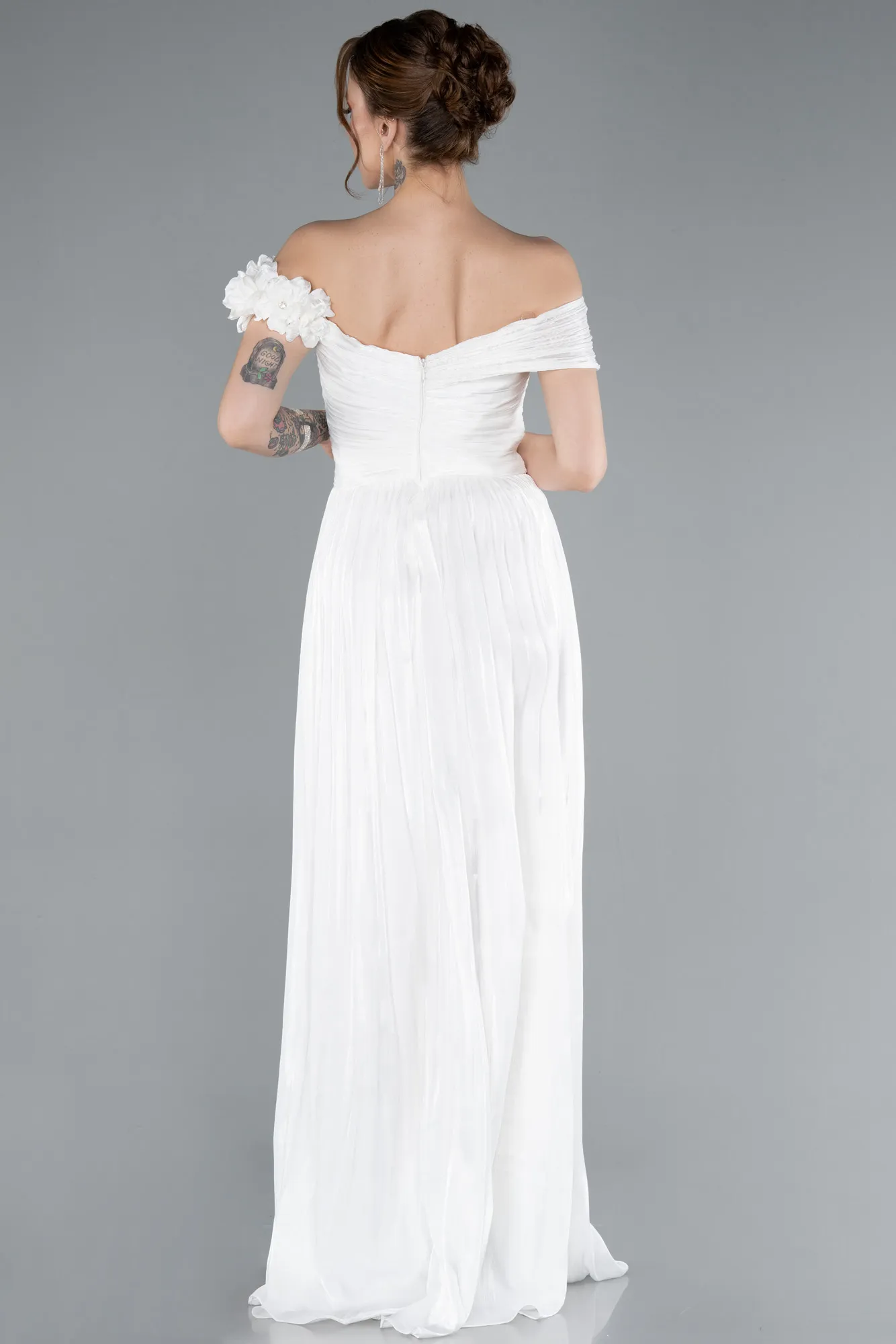 Ecru-Boat Neck Long Chiffon Evening Dress ABU4807