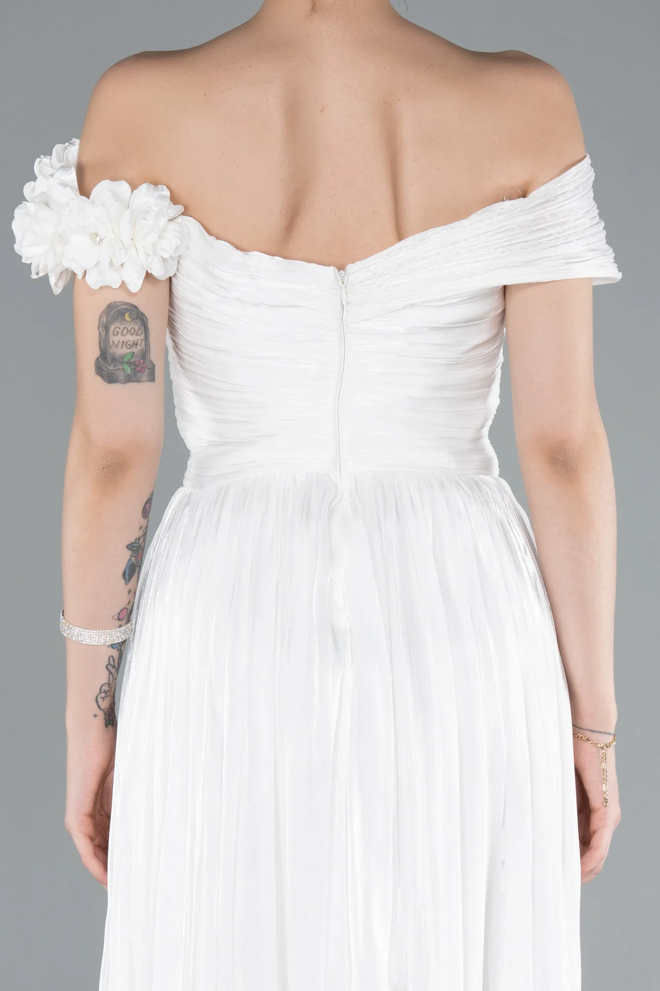 Ecru-Boat Neck Long Chiffon Evening Dress ABU4807