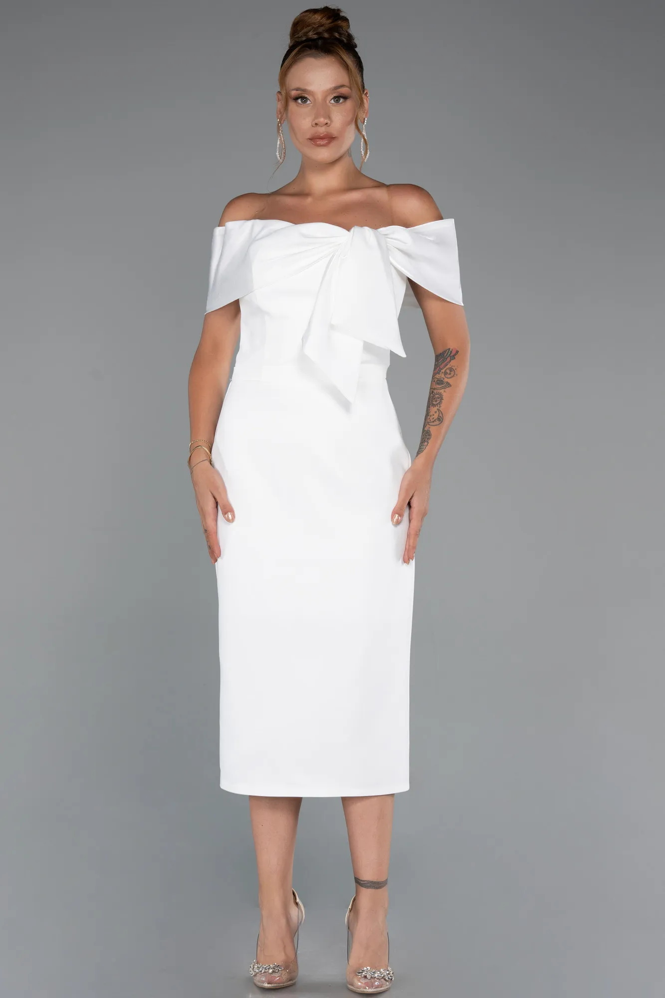 Ecru-Boat Neck Midi Cocktail Dress ABK2263