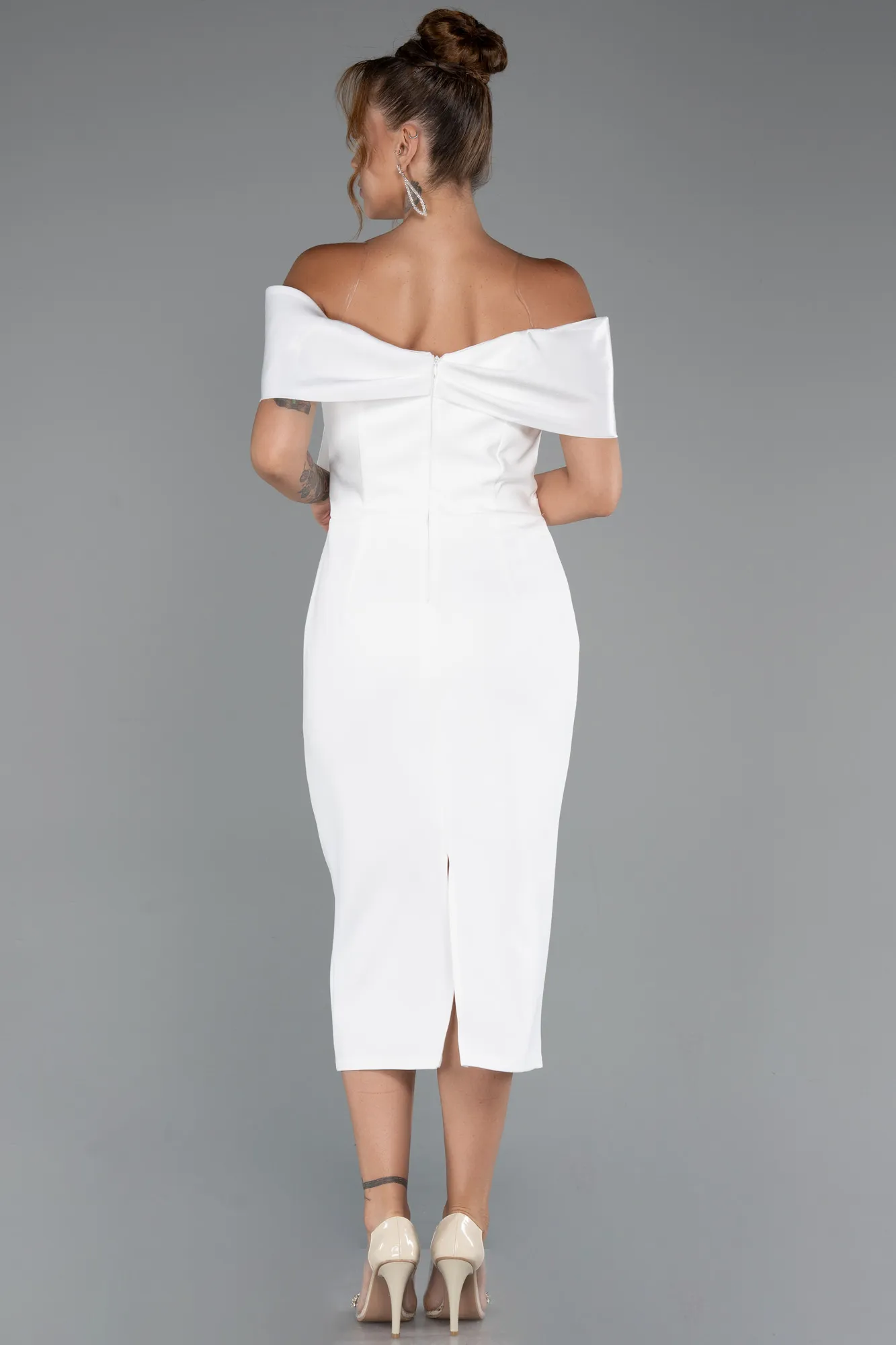 Ecru-Boat Neck Midi Cocktail Dress ABK2263