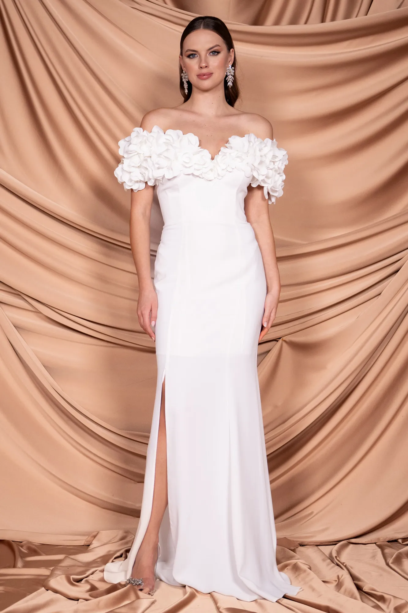 Ecru-Boat Neck Slit Long Evening Dress ABU4080