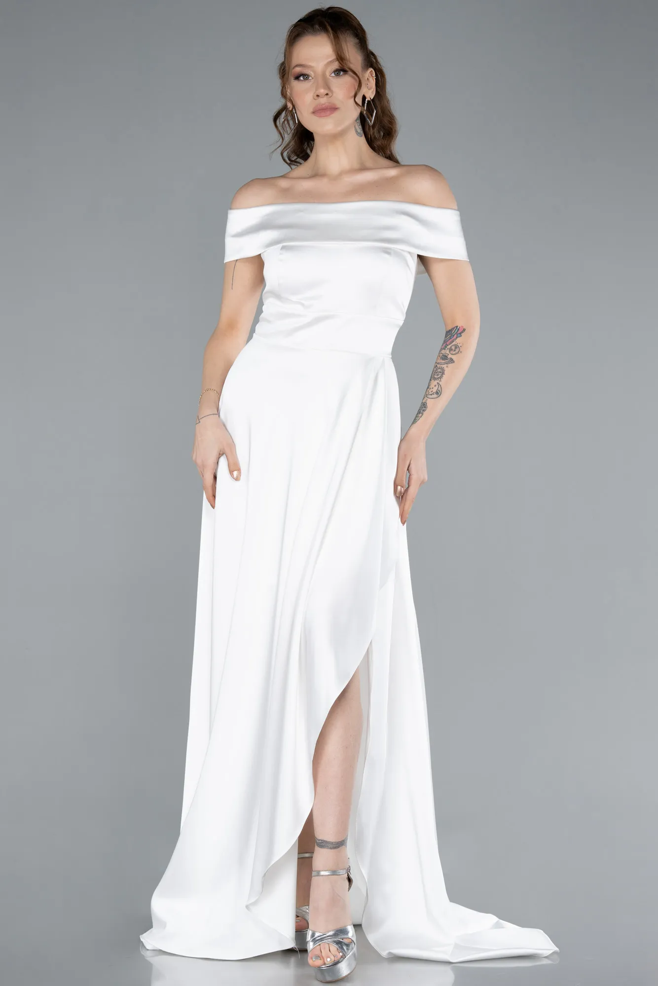 Ecru-Boat Neck Slit Long Satin Prom Dress ABU2486