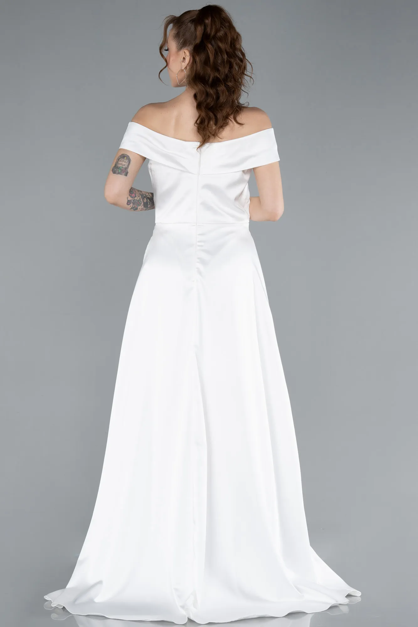 Ecru-Boat Neck Slit Long Satin Prom Dress ABU2486