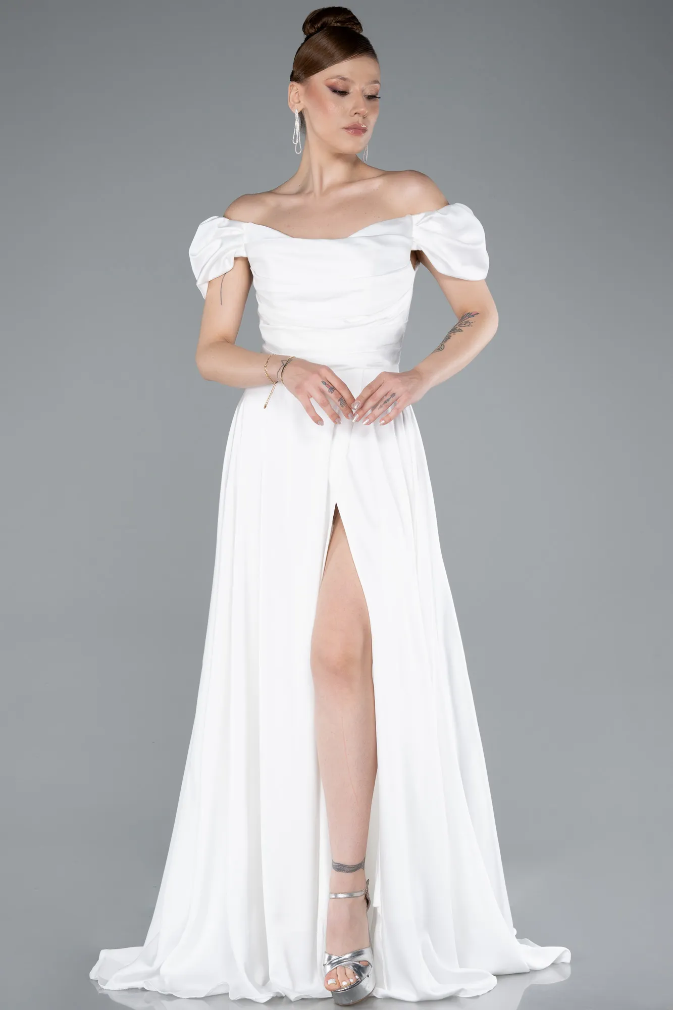 Ecru-Boat Neck Slit Long Satin Prom Gown ABU4508