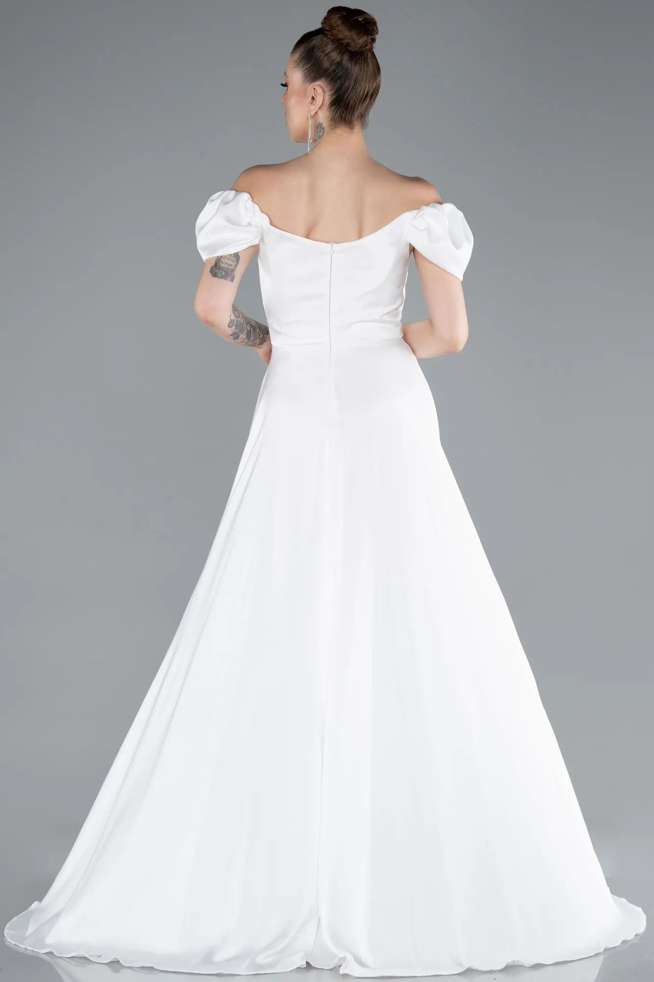 Ecru-Boat Neck Slit Long Satin Prom Gown ABU4508