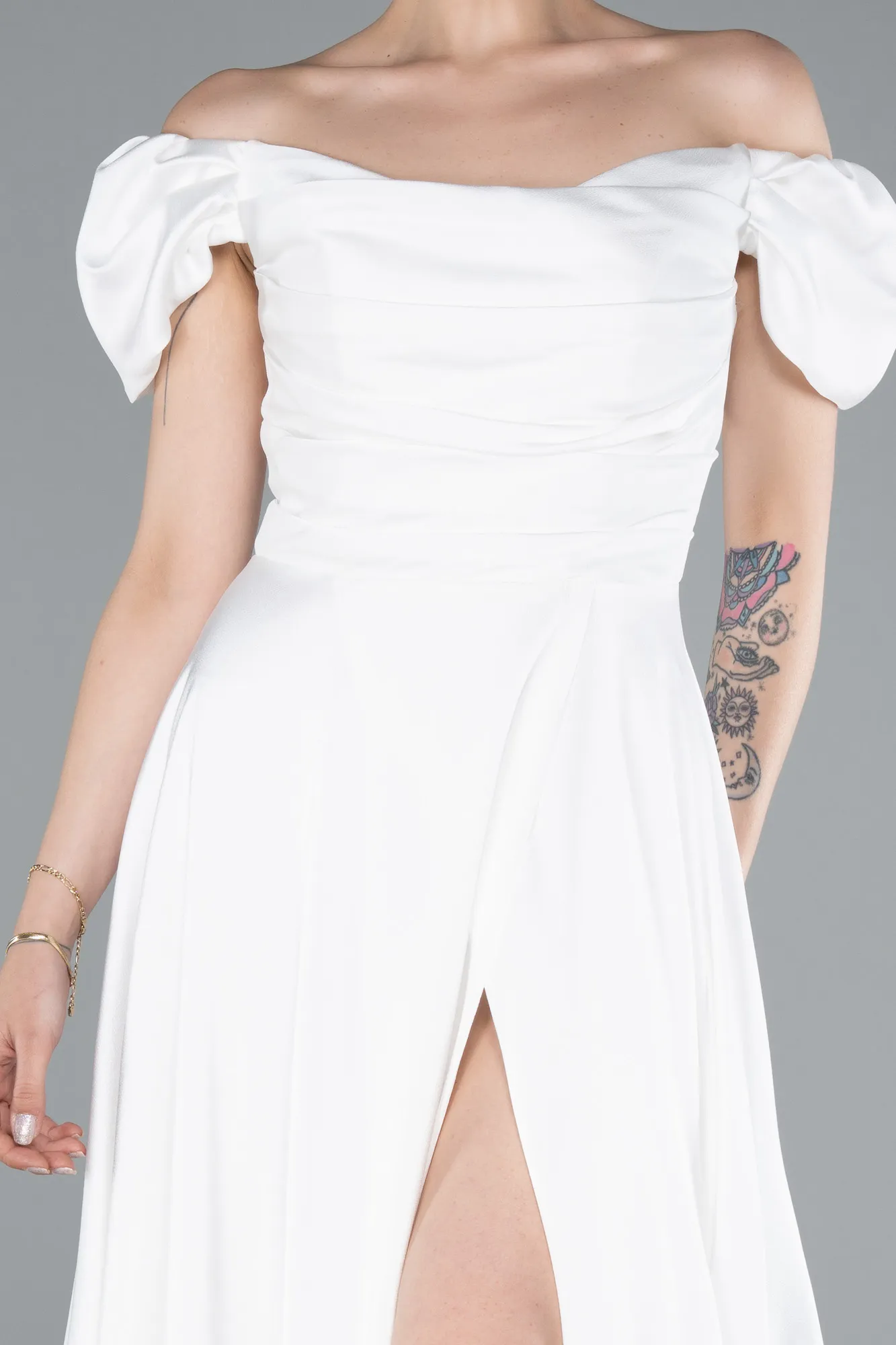 Ecru-Boat Neck Slit Long Satin Prom Gown ABU4508