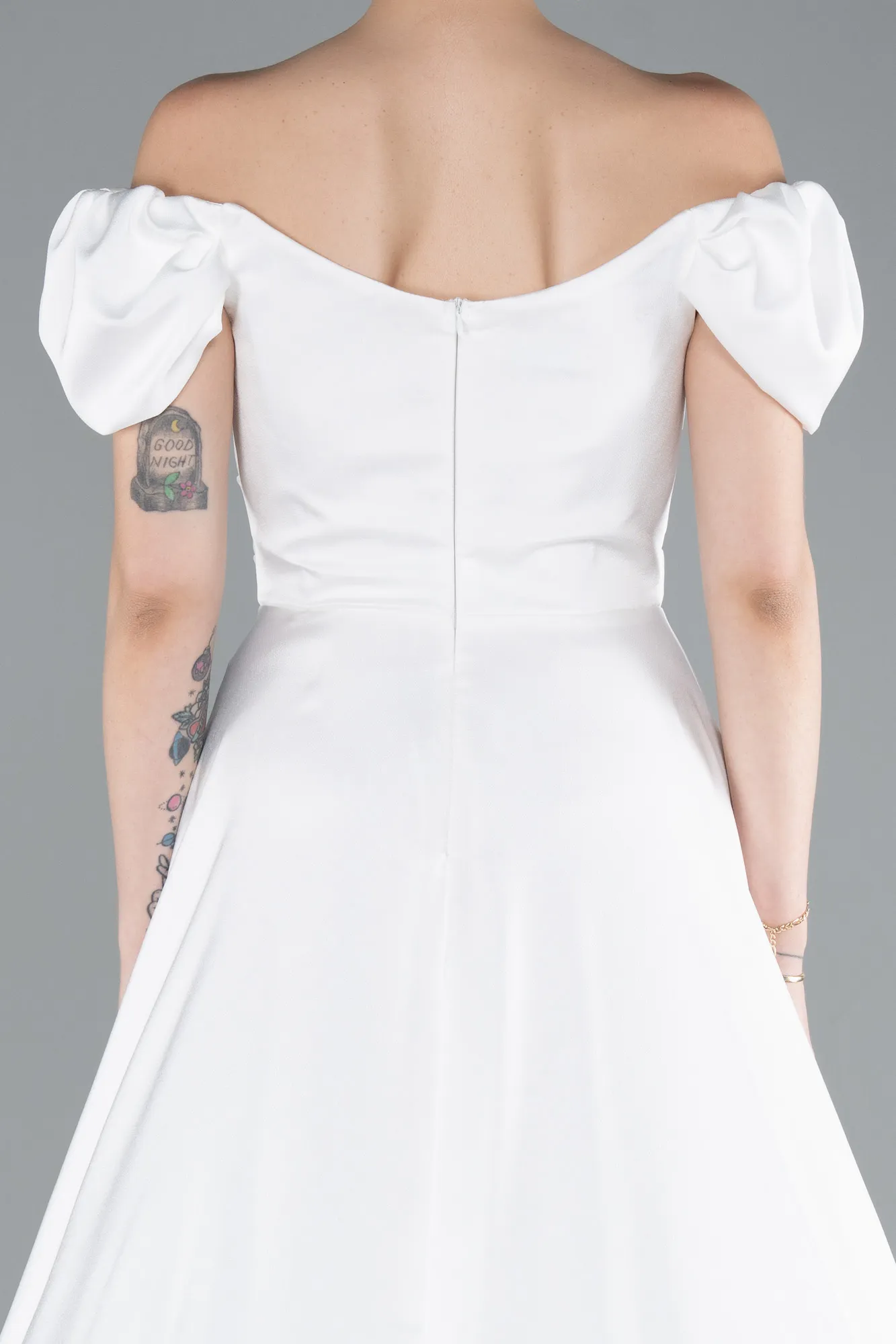 Ecru-Boat Neck Slit Long Satin Prom Gown ABU4508