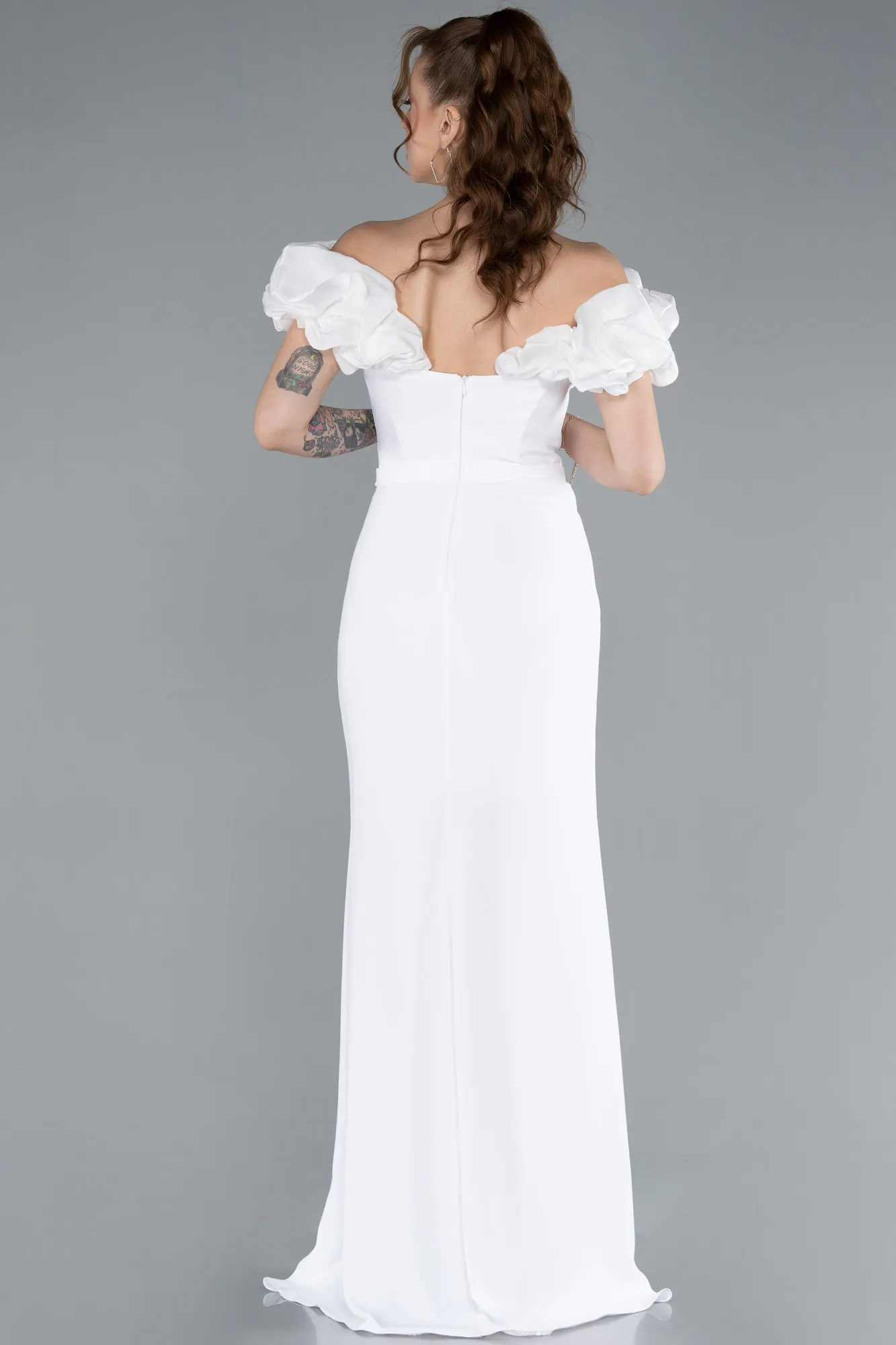 Ecru-Boat Neck Slit Stone Long Evening Gown ABU4696