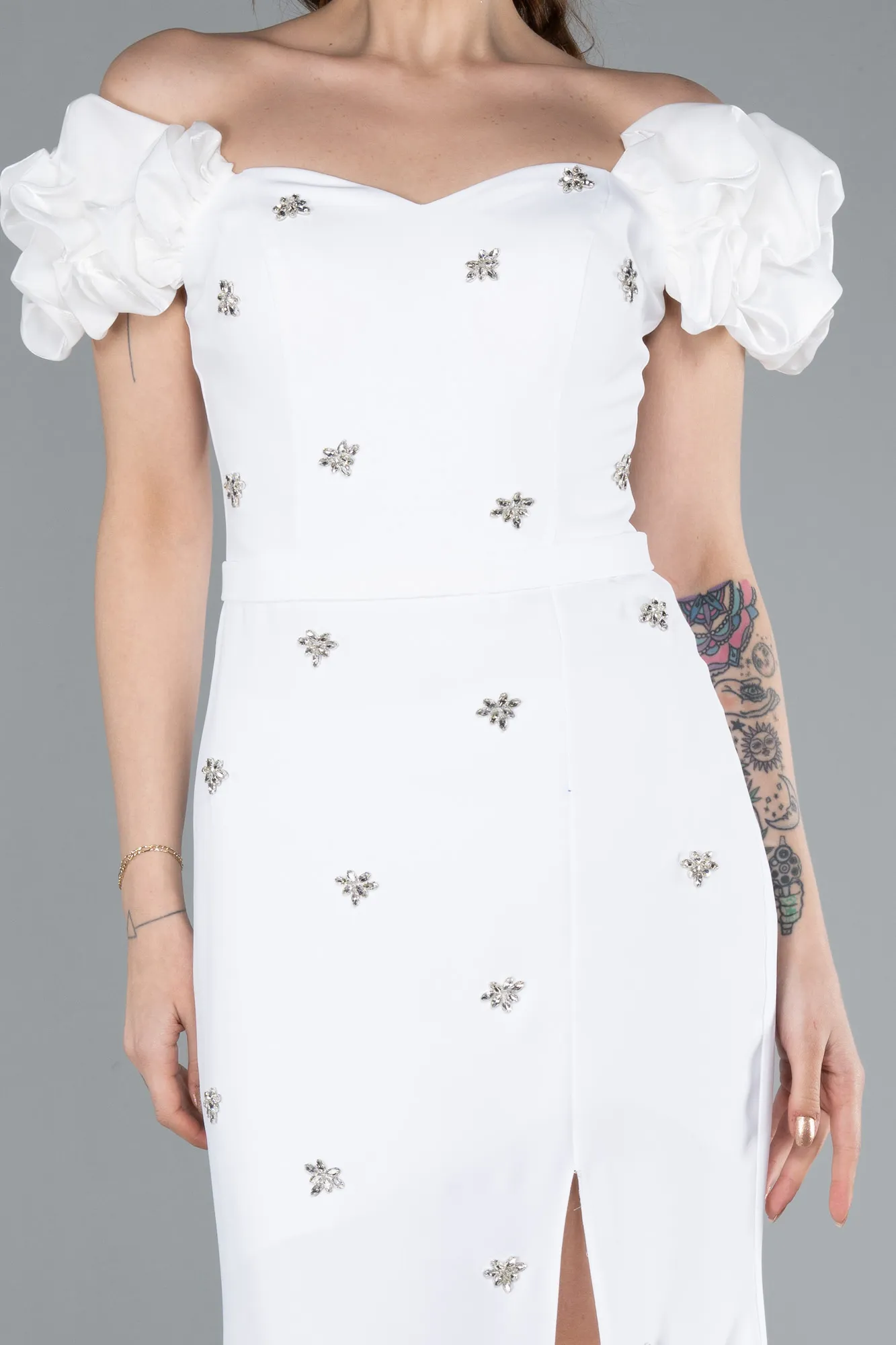 Ecru-Boat Neck Slit Stone Long Evening Gown ABU4696