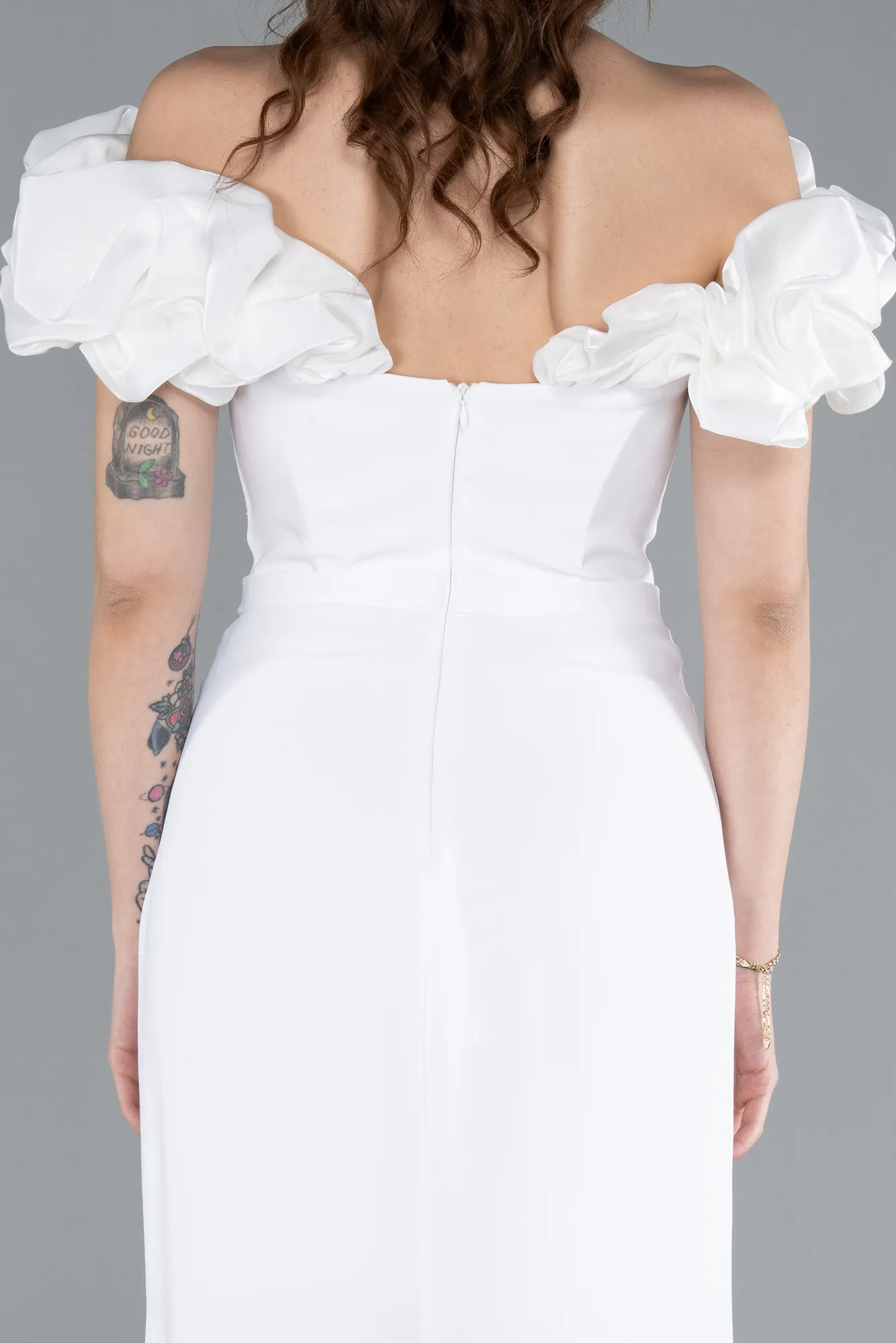 Ecru-Boat Neck Slit Stone Long Evening Gown ABU4696