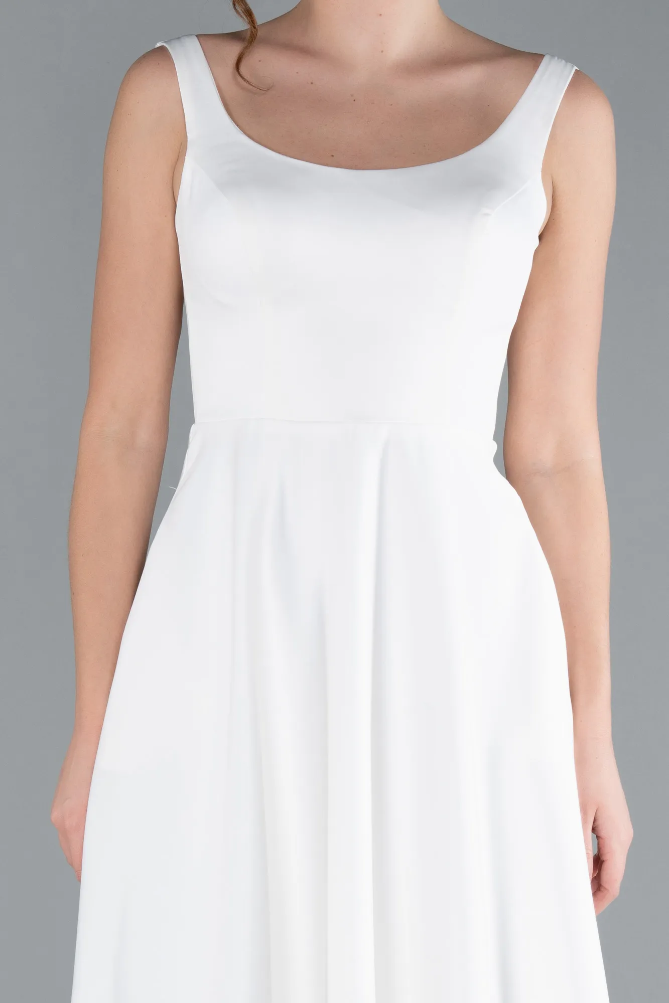 Ecru-Elegant Scoop Neck Sleeveless Midi Satin Cocktail Dress ABK2234