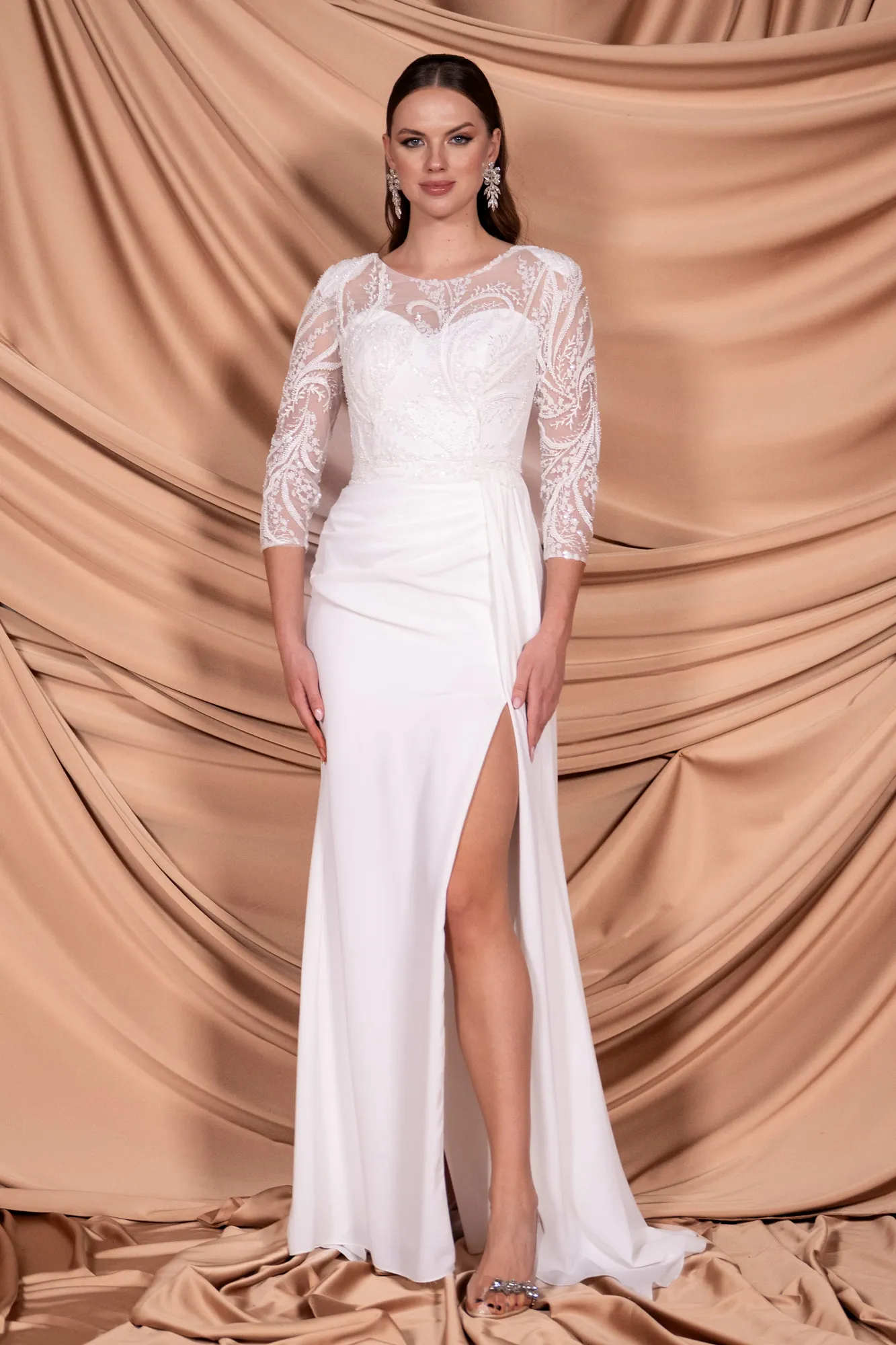 Ecru-Embroidered Capri Sleeve Slit Chiffon Evening Gown ABU4293