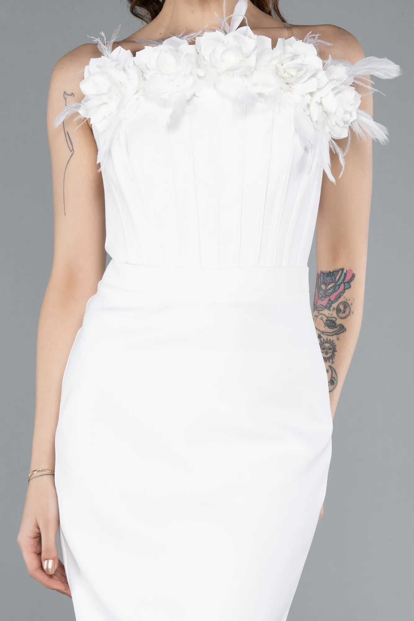 Ecru-Floral Strapless Underwire Midi Invitation Dress ABK2267