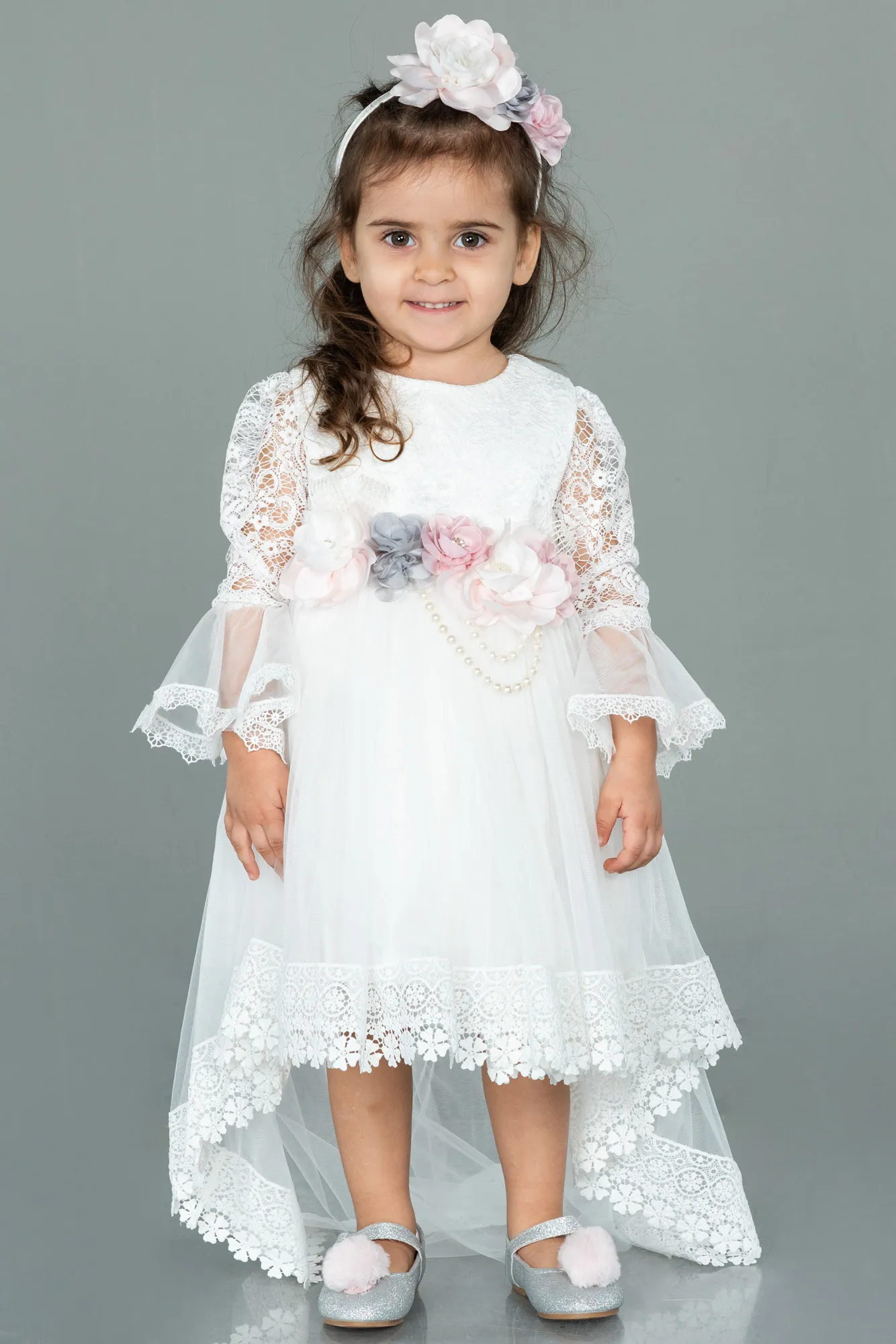 Ecru-Front Short Back Long Dantelle Girl Dress ABO082