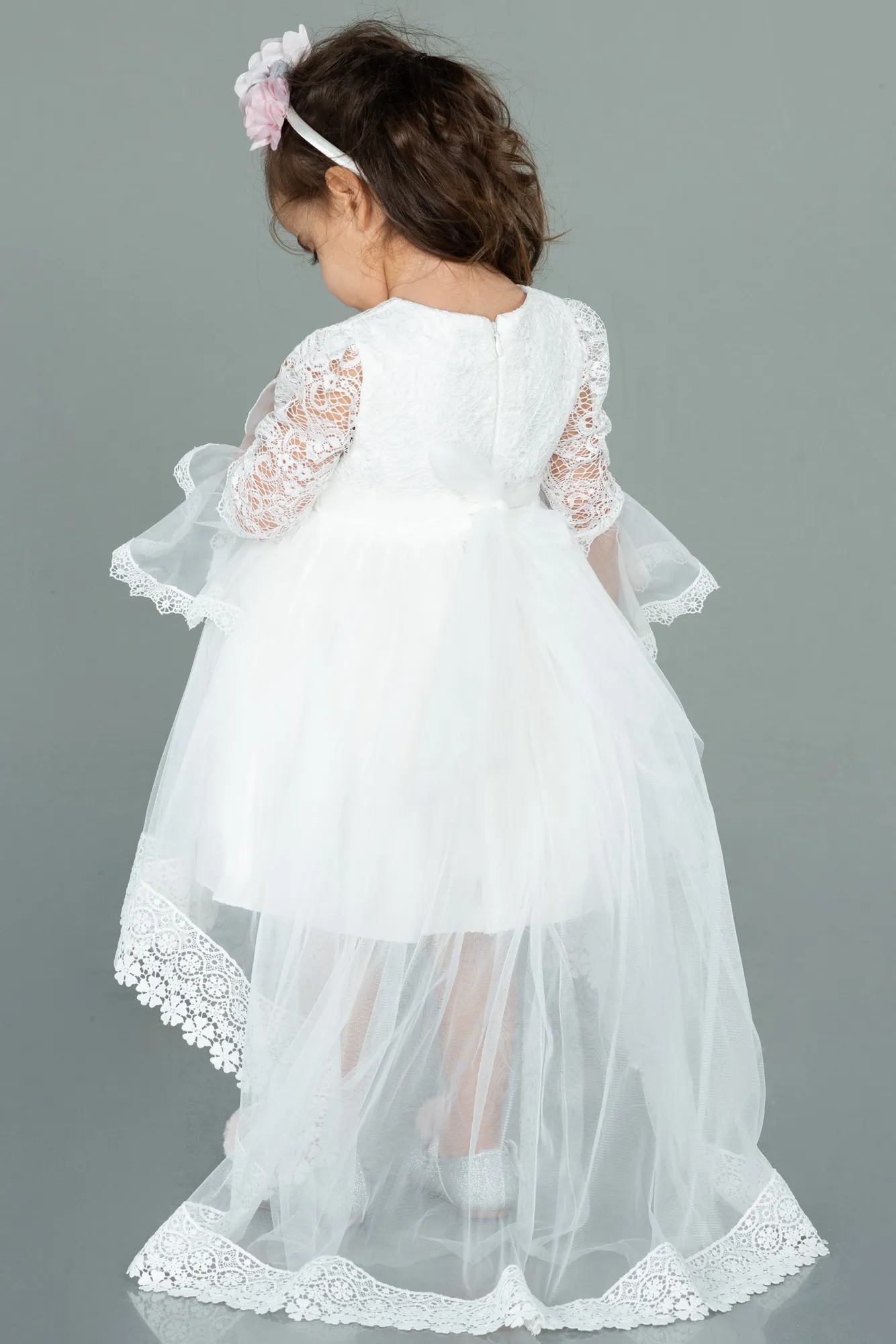 Ecru-Front Short Back Long Dantelle Girl Dress ABO082