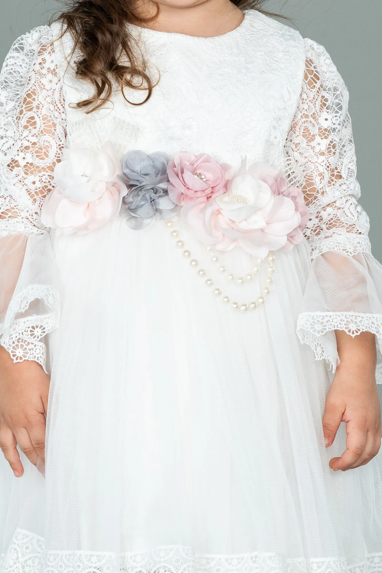 Ecru-Front Short Back Long Dantelle Girl Dress ABO082