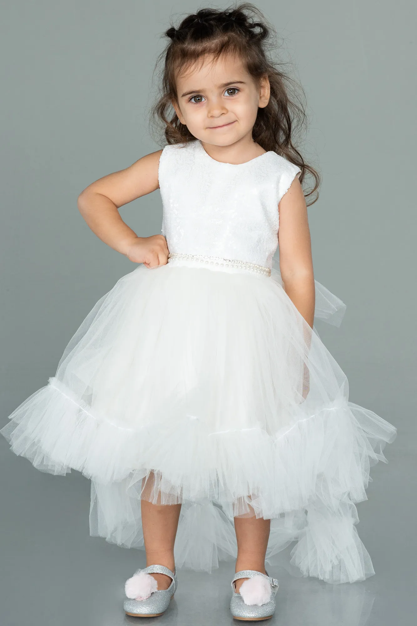 Ecru-Front Short Back Long Girl Dress ABO079