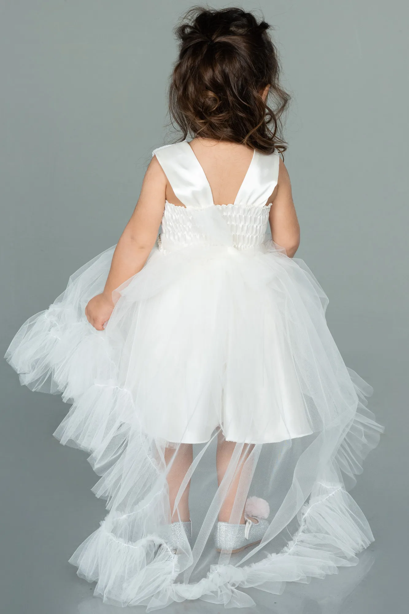 Ecru-Front Short Back Long Girl Dress ABO079