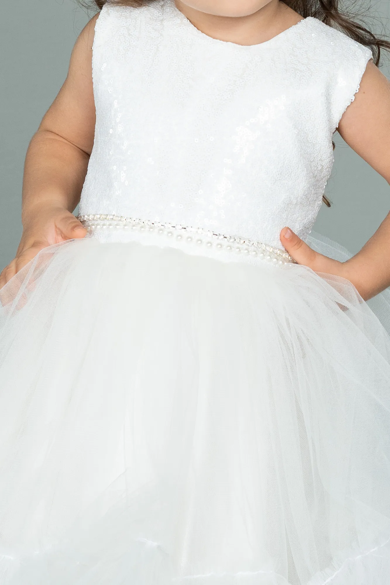 Ecru-Front Short Back Long Girl Dress ABO079