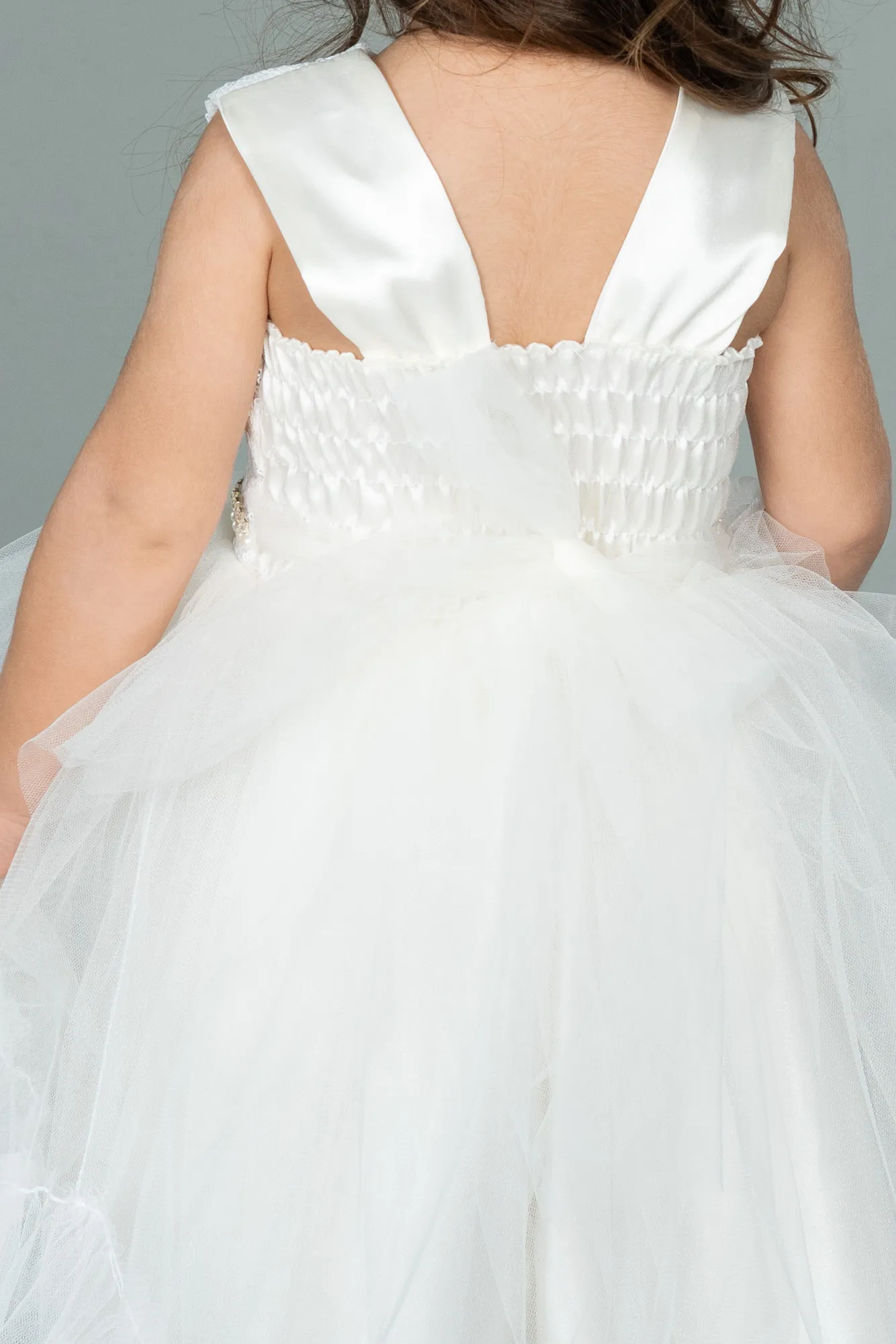 Ecru-Front Short Back Long Girl Dress ABO079