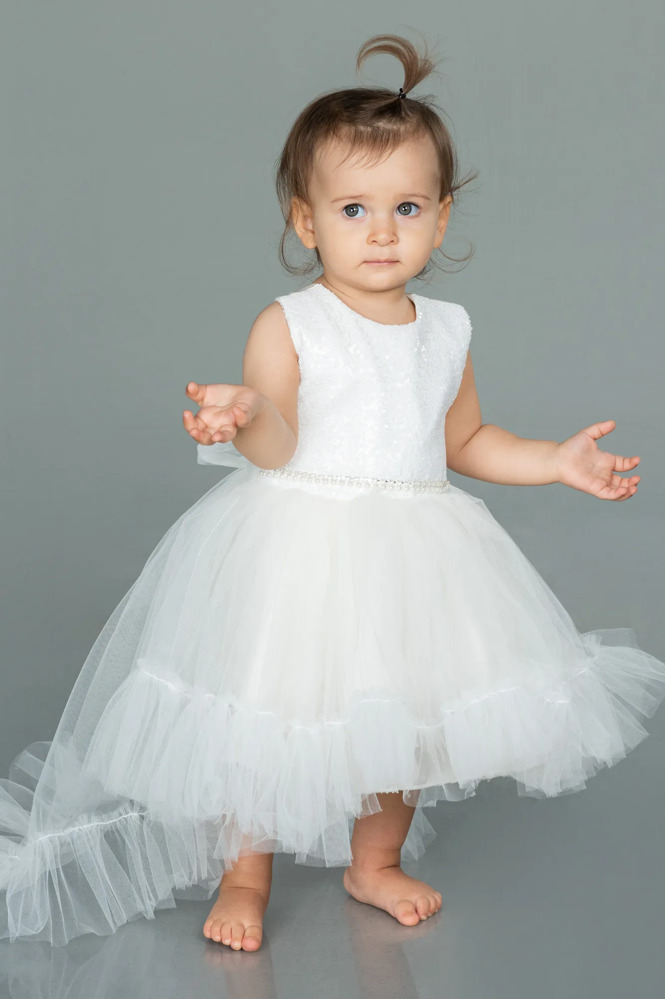 Ecru-Front Short Back Long Girl Dress ABO079