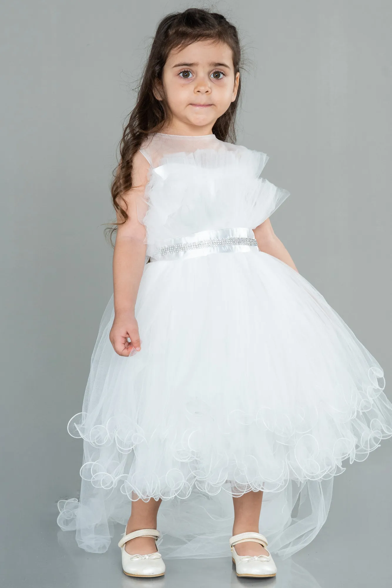 Ecru-Front Short Back Long Girl Dress ABO100