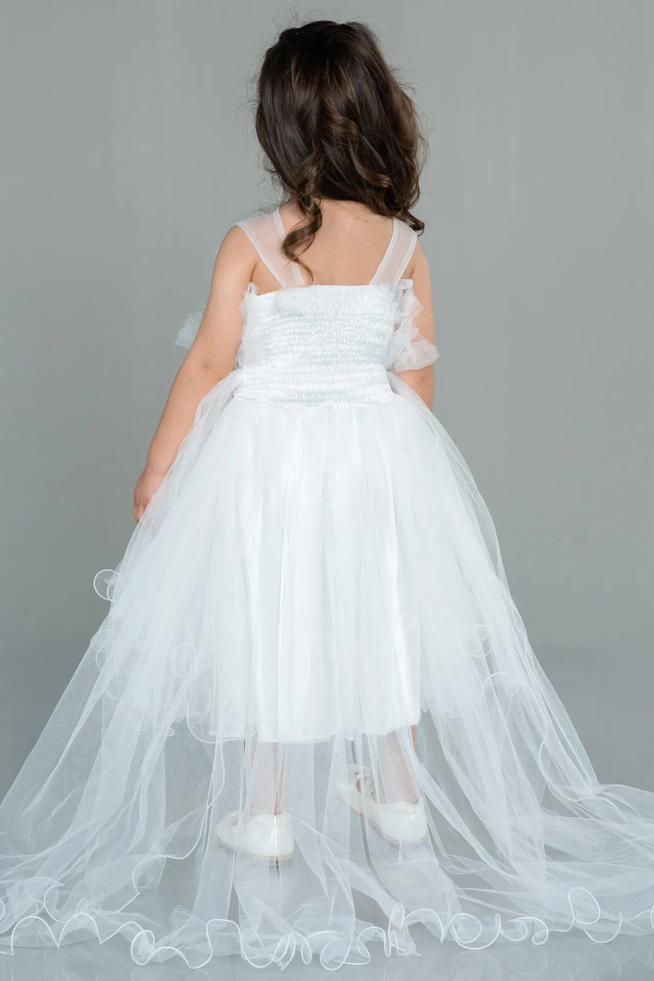 Ecru-Front Short Back Long Girl Dress ABO100