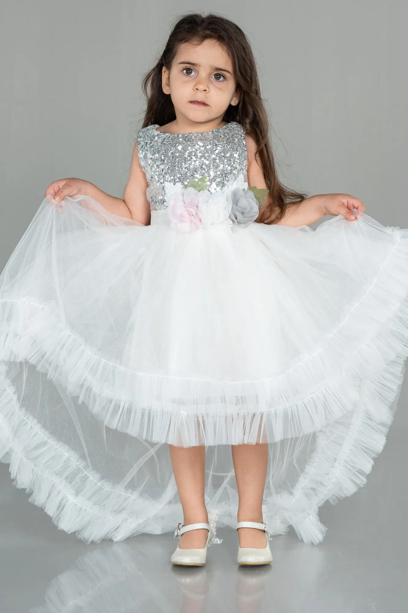 Ecru-Front Short Back Long Girl Dress ABO102