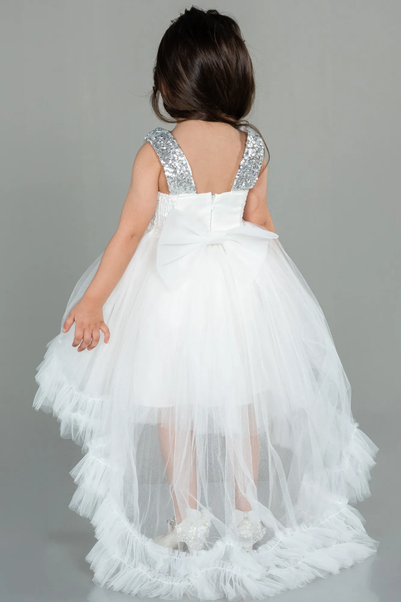 Ecru-Front Short Back Long Girl Dress ABO102