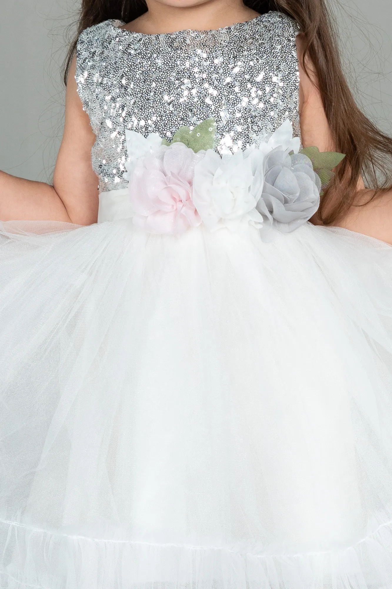 Ecru-Front Short Back Long Girl Dress ABO102