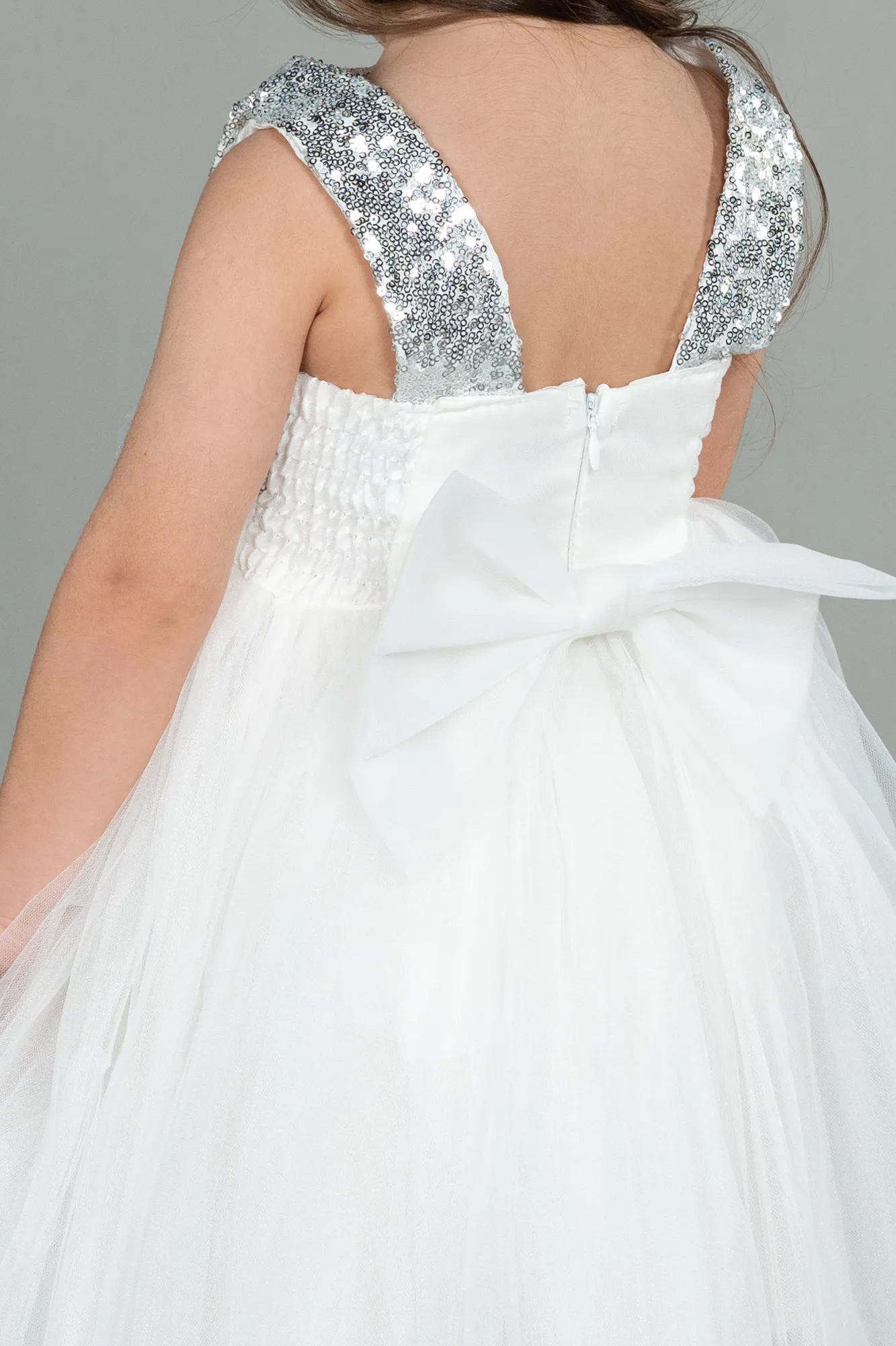 Ecru-Front Short Back Long Girl Dress ABO102