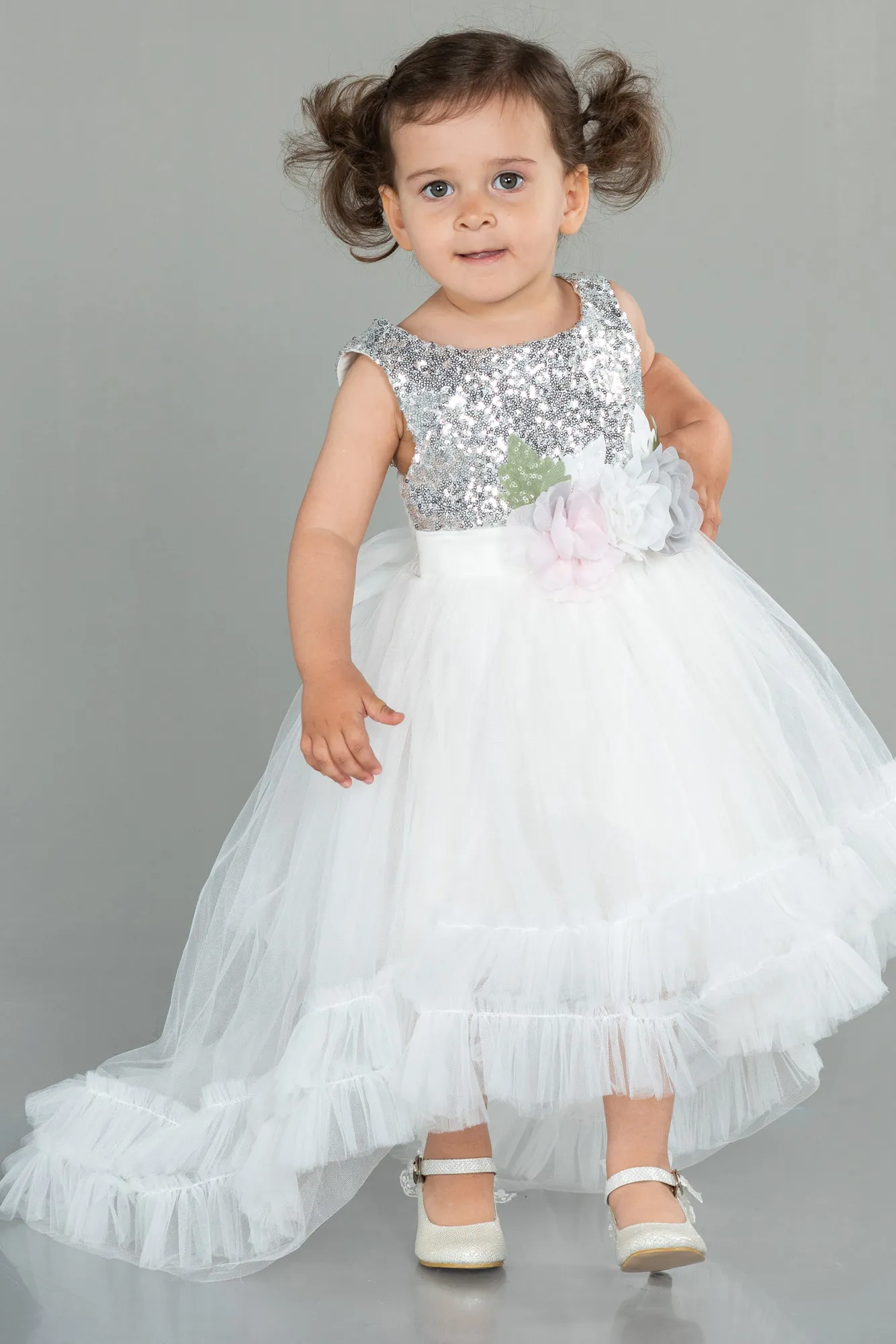 Ecru-Front Short Back Long Girl Dress ABO102