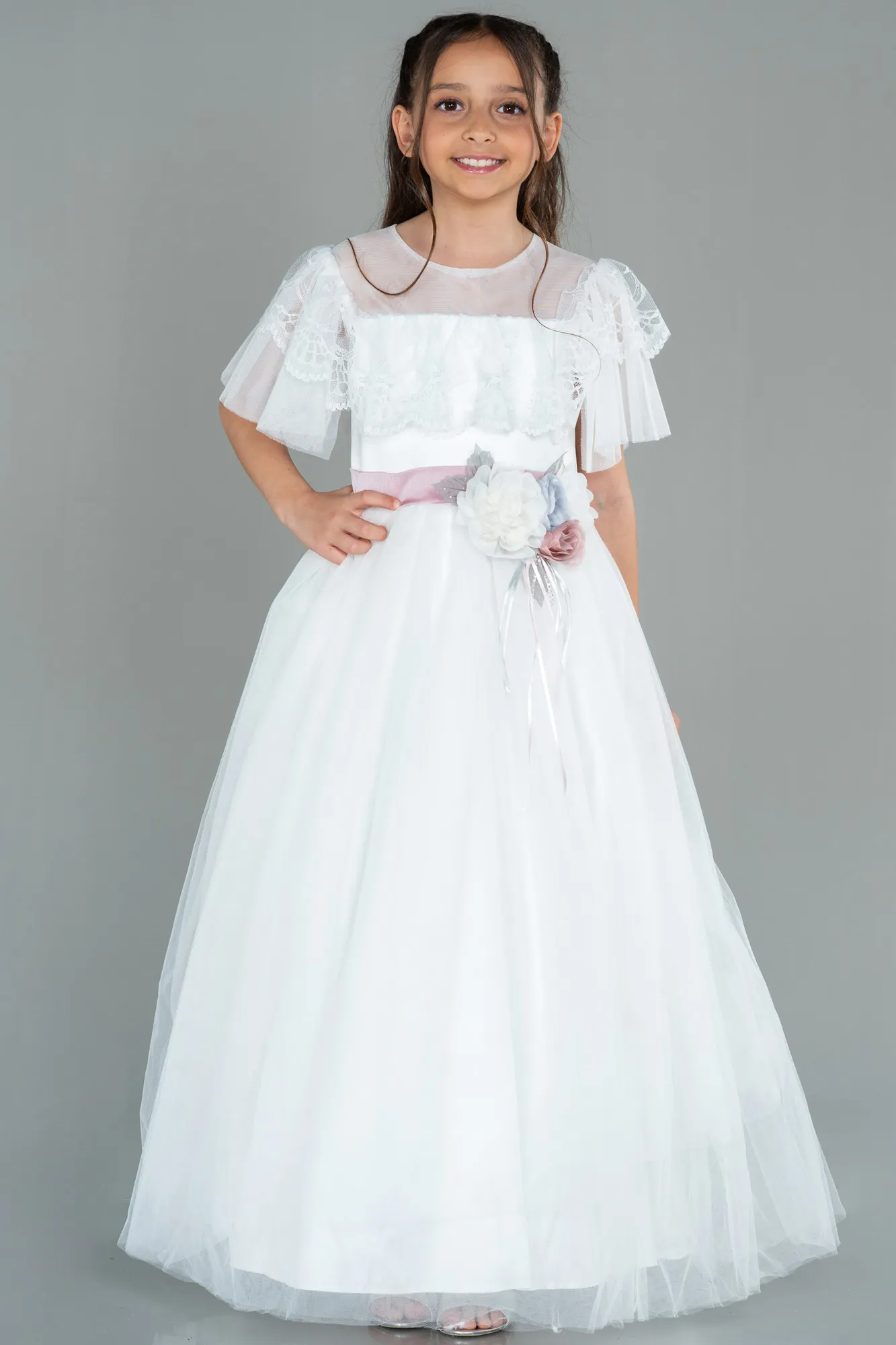 Ecru-Front Short Back Long Girl Dress ABO103