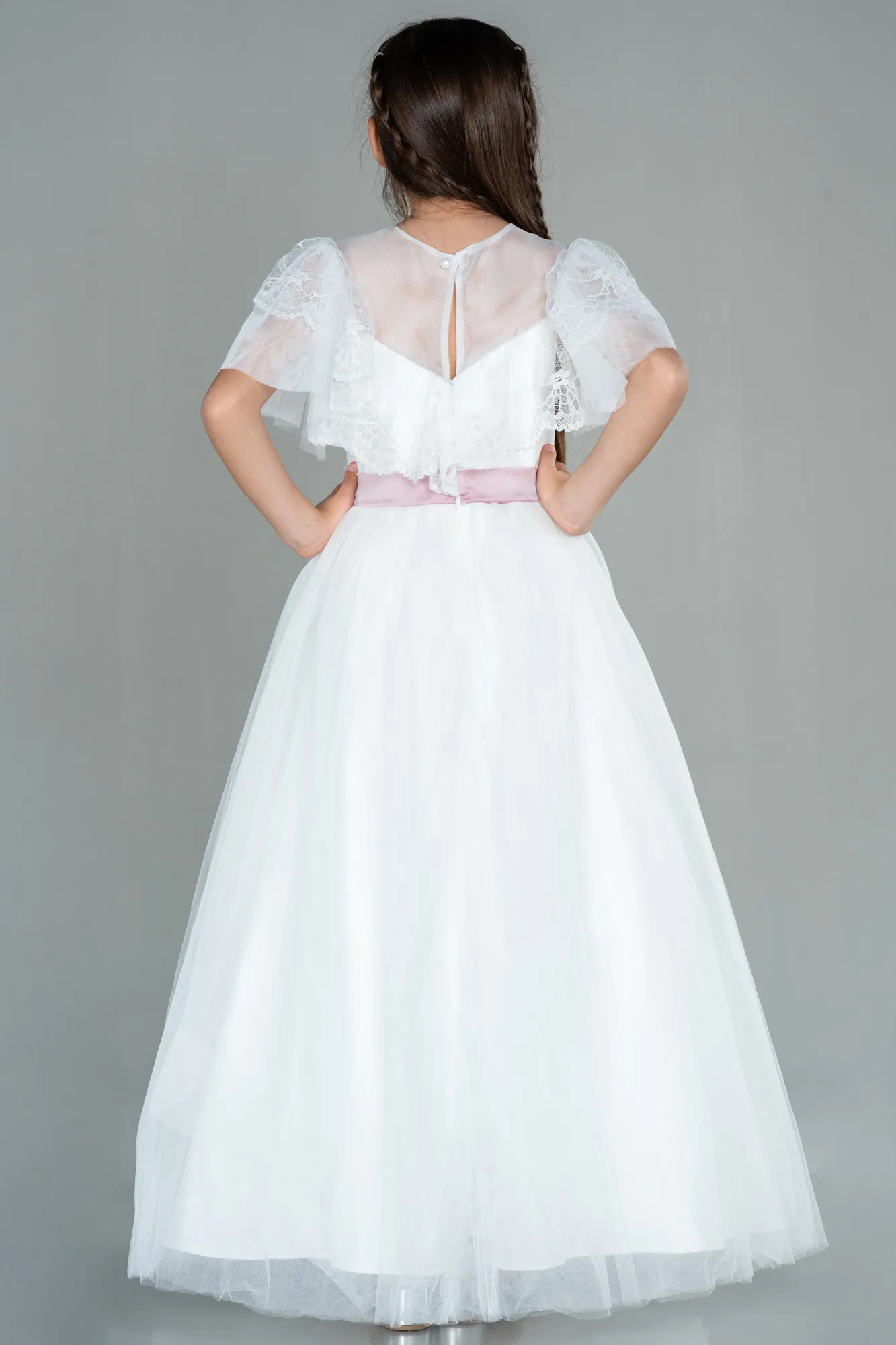 Ecru-Front Short Back Long Girl Dress ABO103