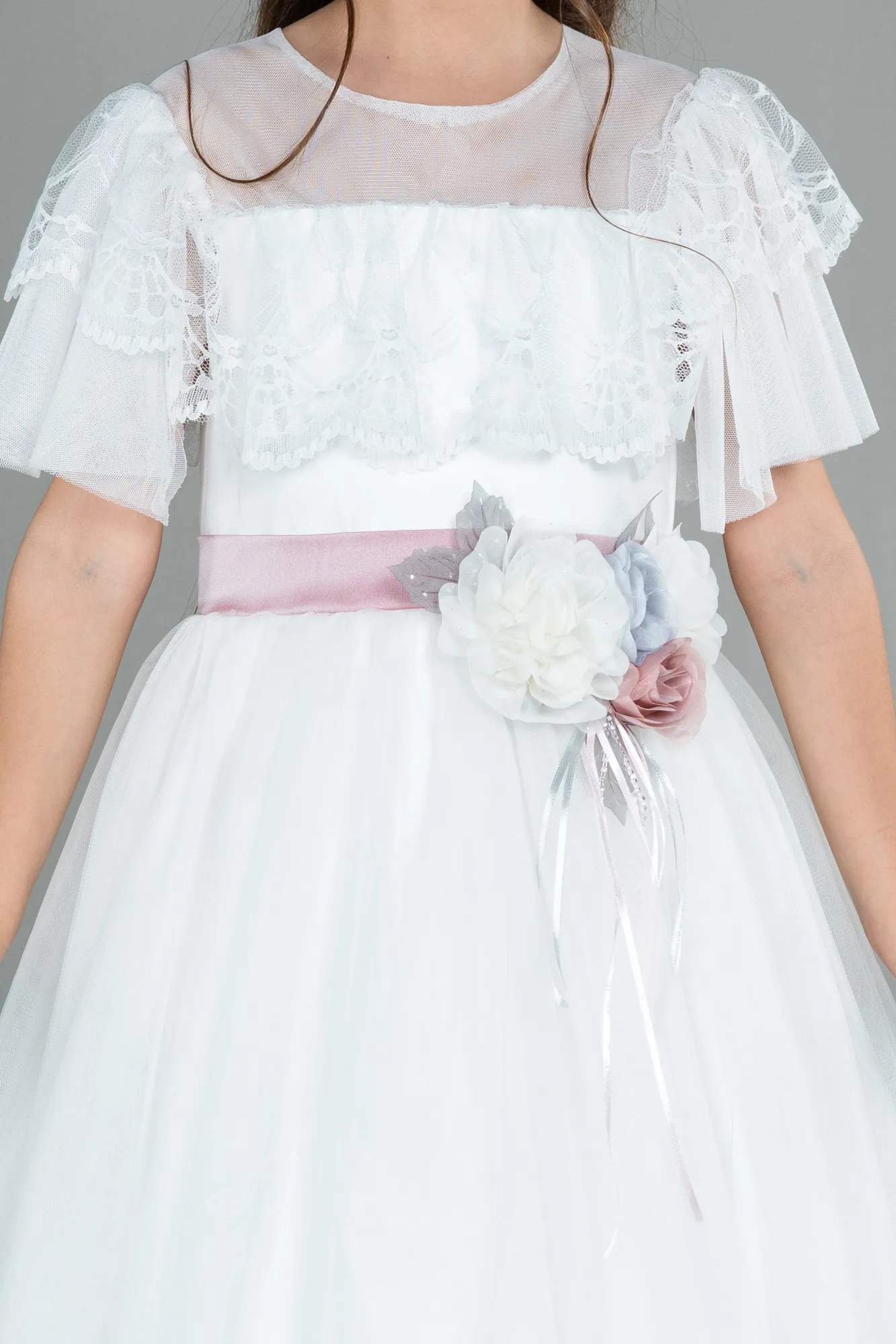 Ecru-Front Short Back Long Girl Dress ABO103