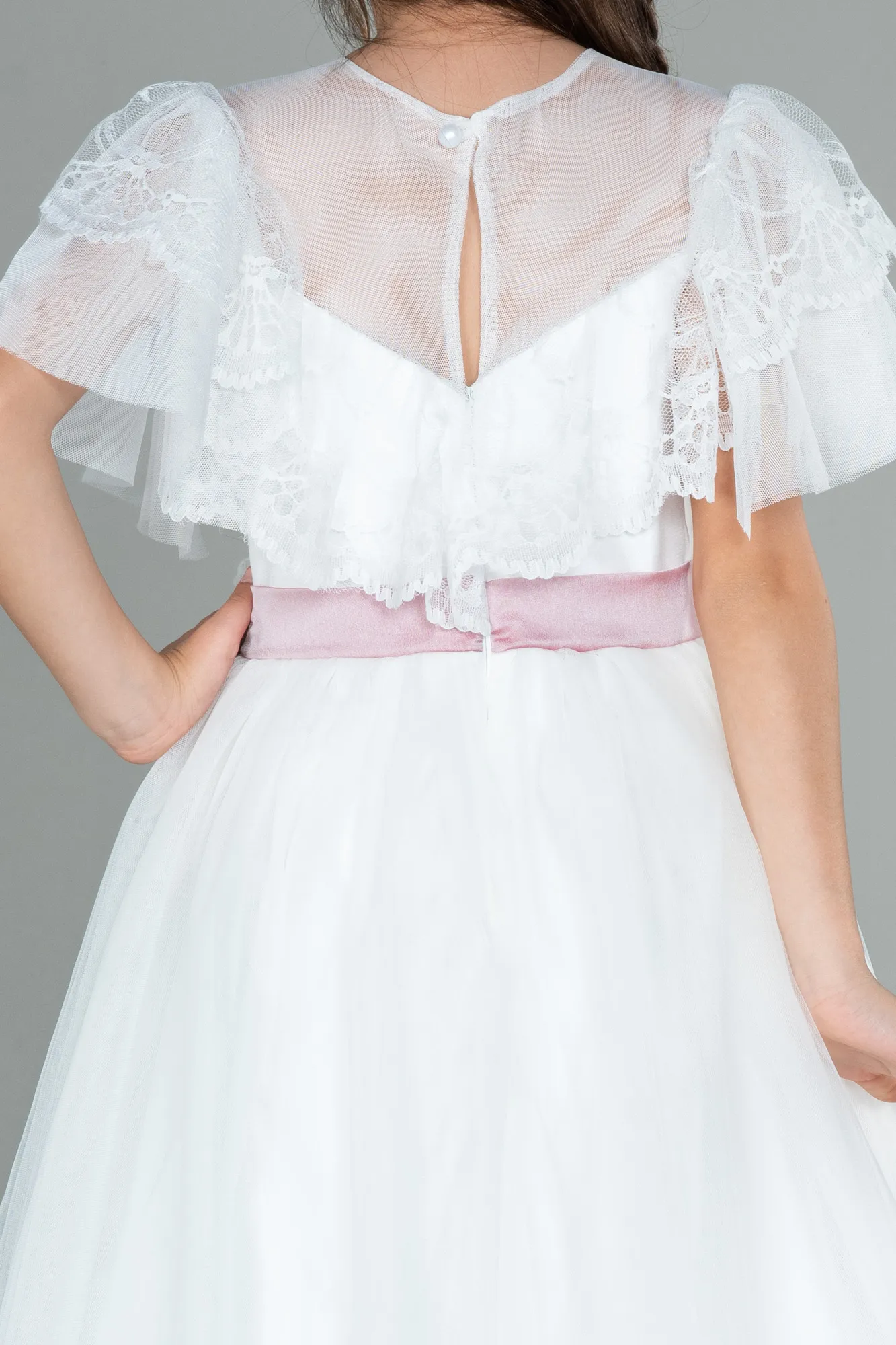 Ecru-Front Short Back Long Girl Dress ABO103