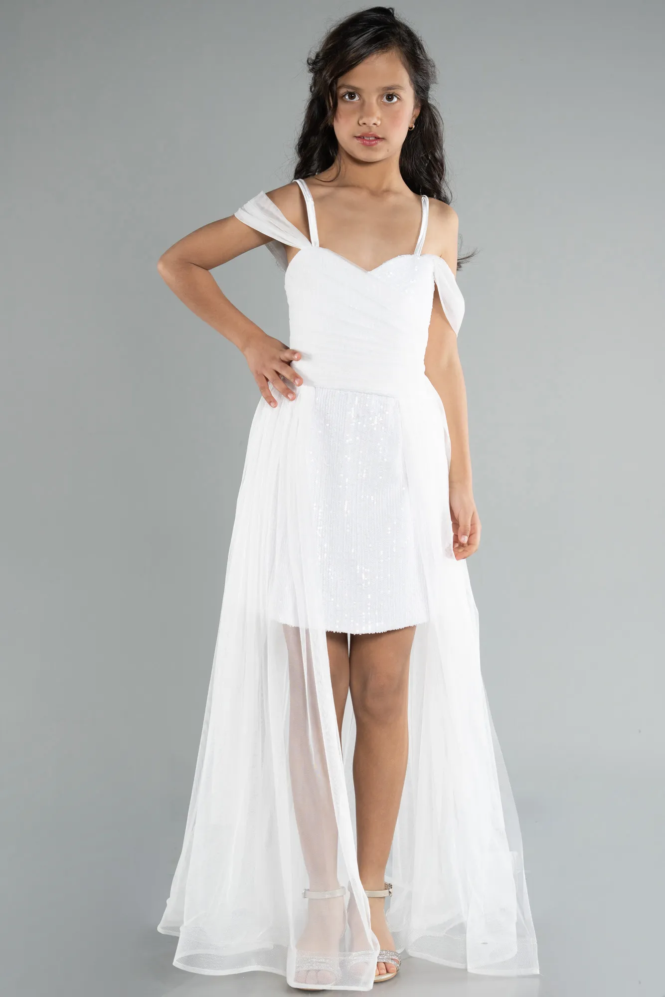 Ecru-Front Short Back Long Girl Dress ABO110