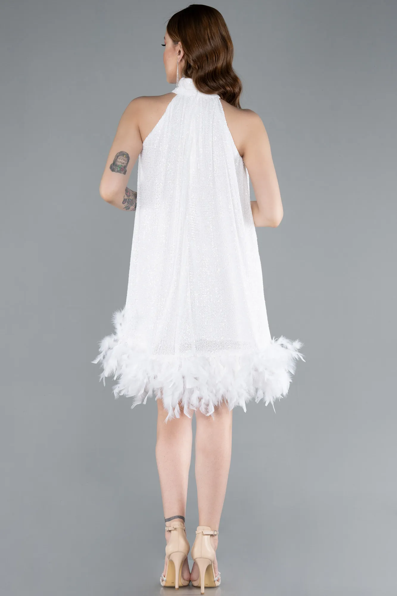 Ecru-Halter Neck Feathered Skirt Sequined Party Dress ABK2348
