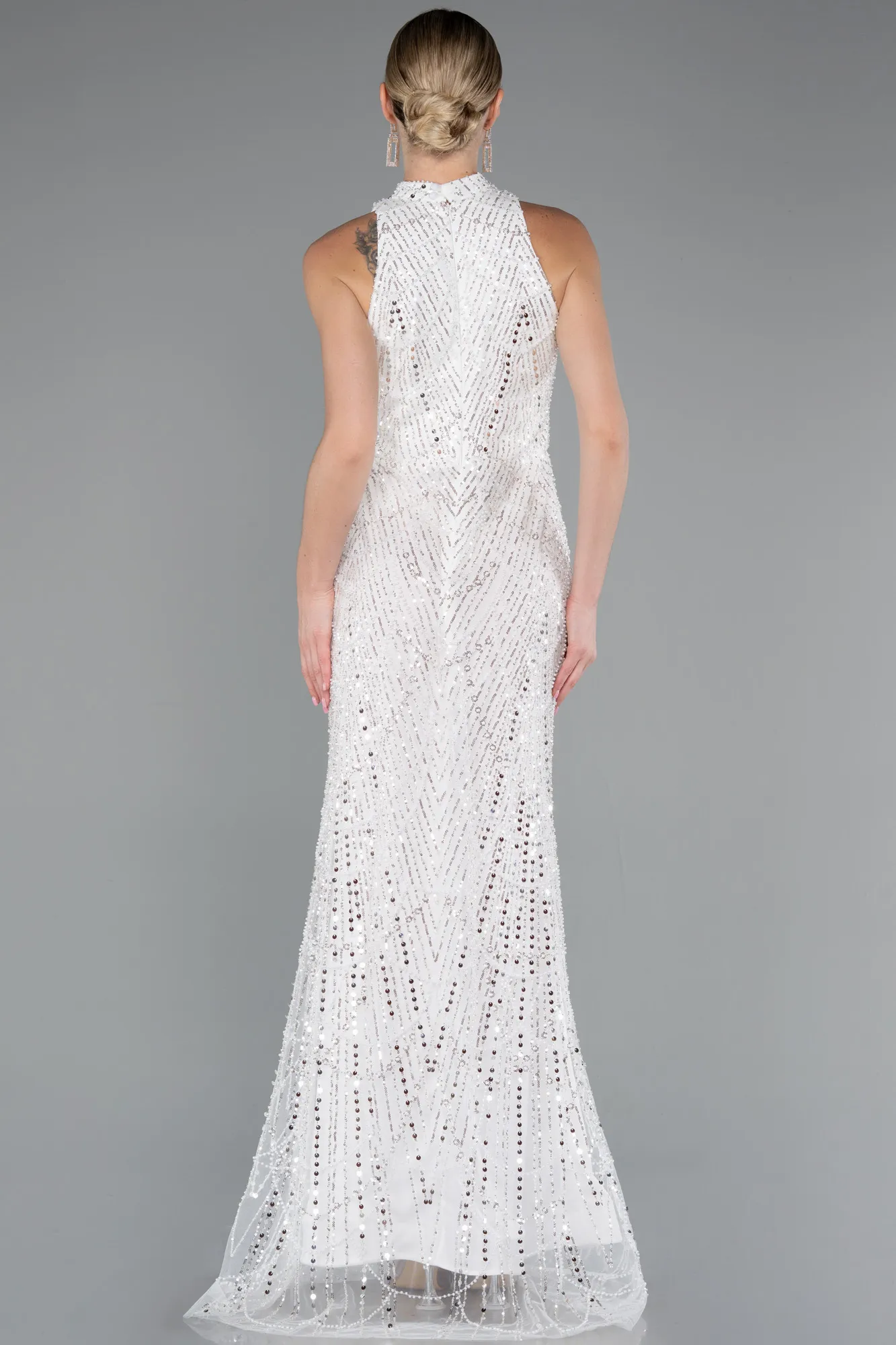 Ecru-Halter Neck Long Beaded Mermaid Evening Gown ABU4791