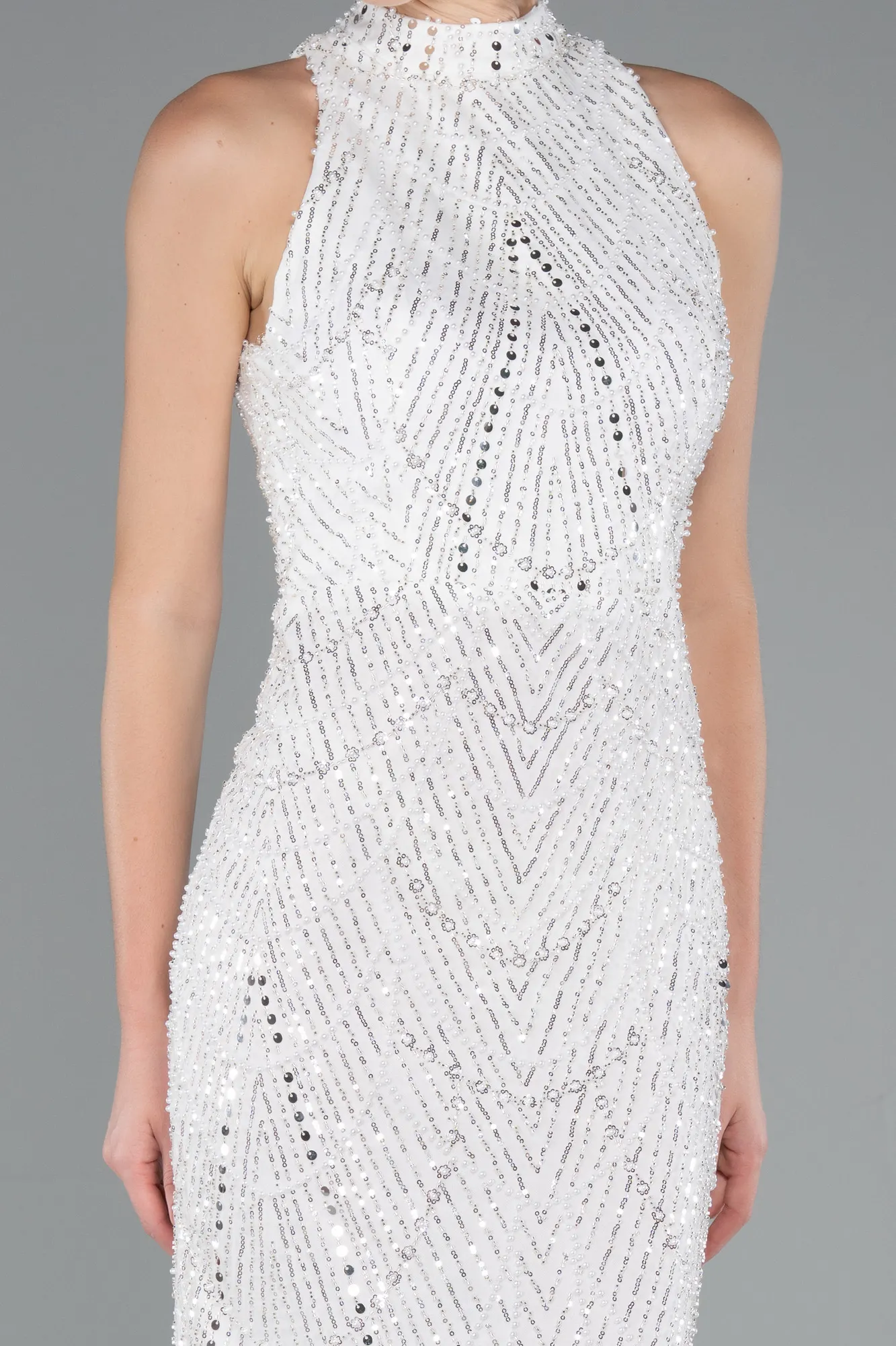 Ecru-Halter Neck Long Beaded Mermaid Evening Gown ABU4791