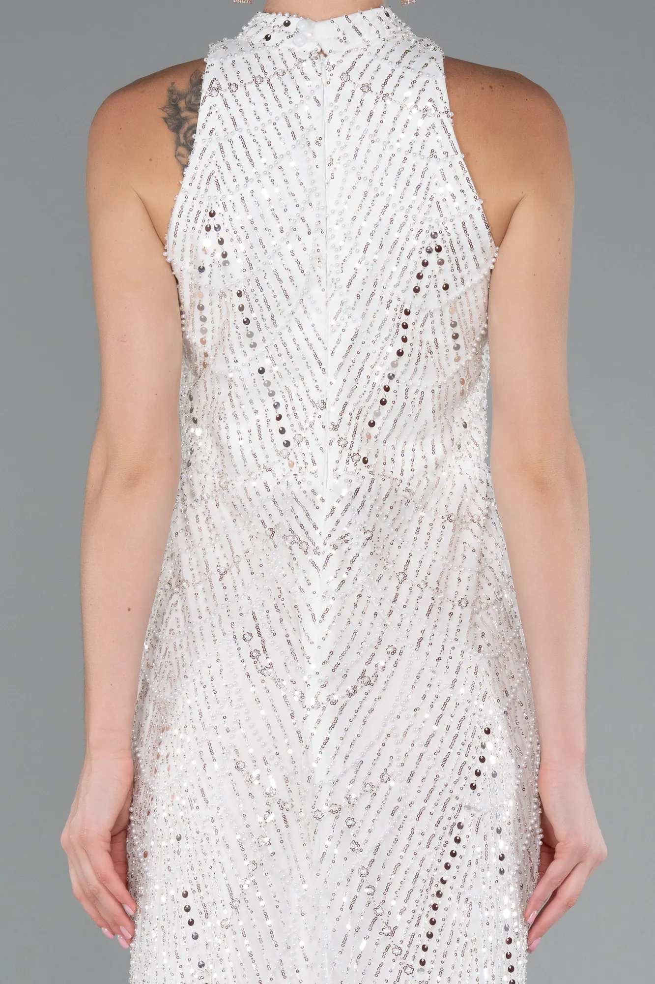 Ecru-Halter Neck Long Beaded Mermaid Evening Gown ABU4791