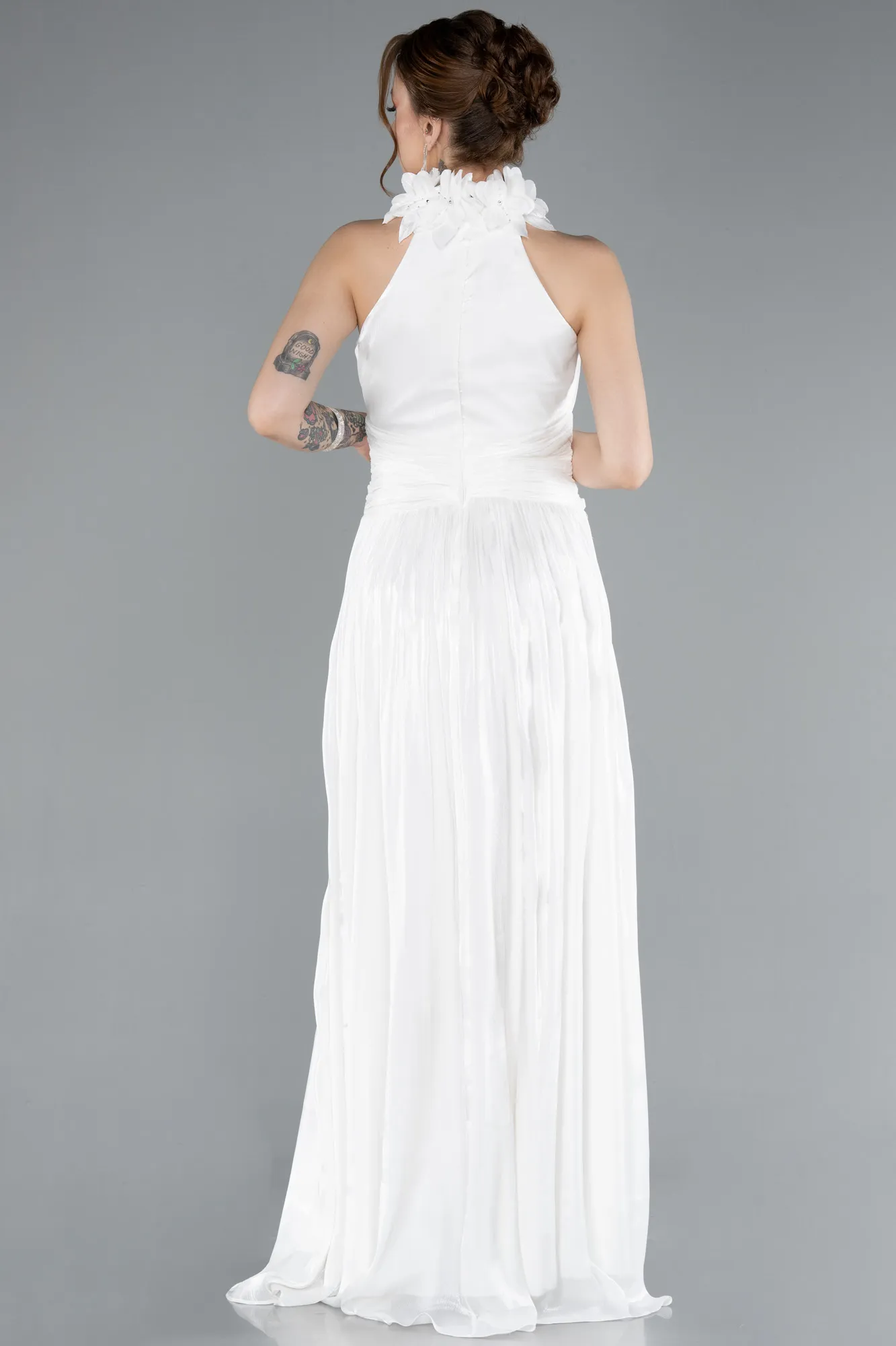 Ecru-Halter Neck Long Chiffon Evening Dress ABU4811