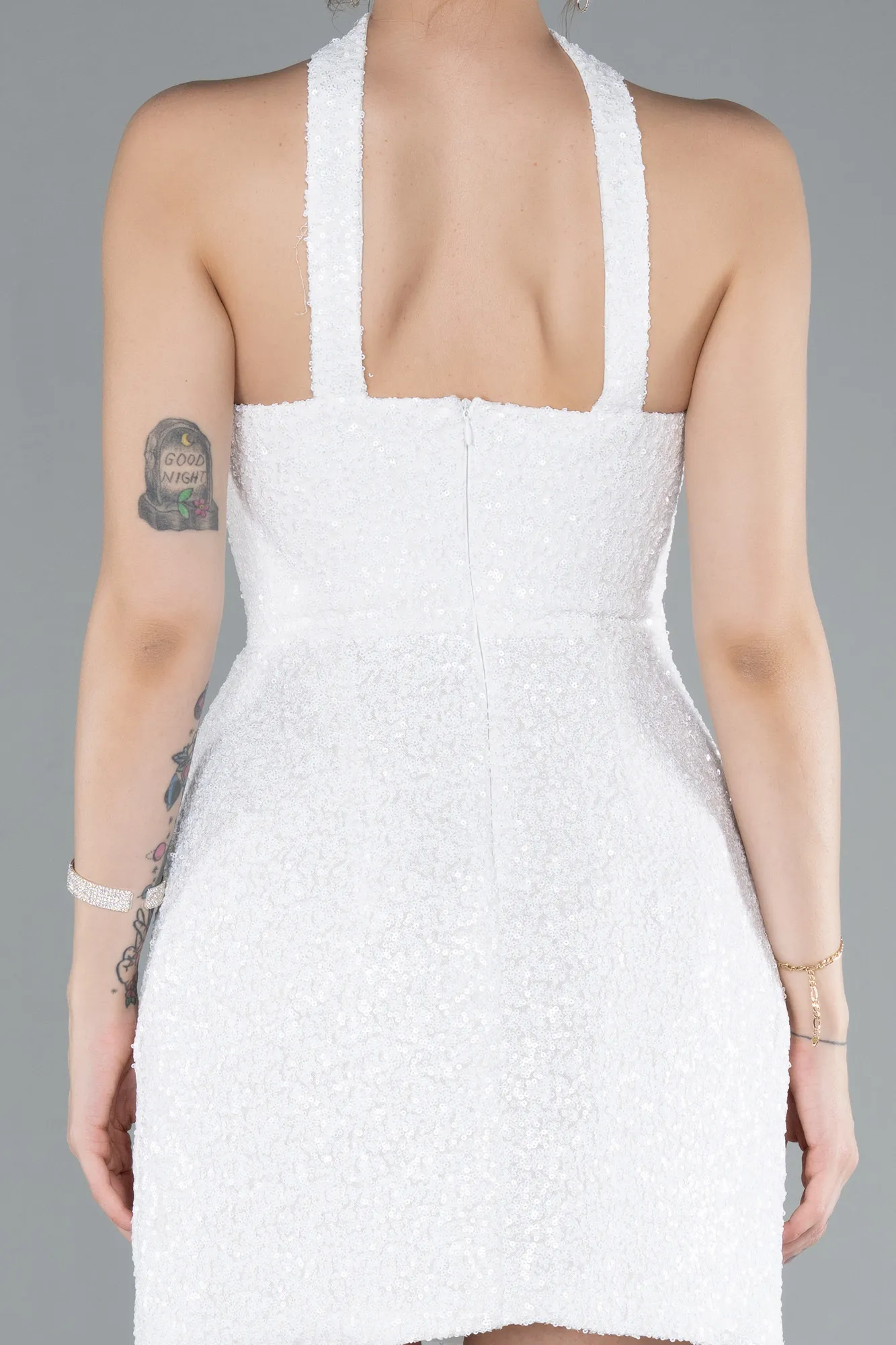 Ecru-Halter Neck Mini Sequin Party Dress ABK2201